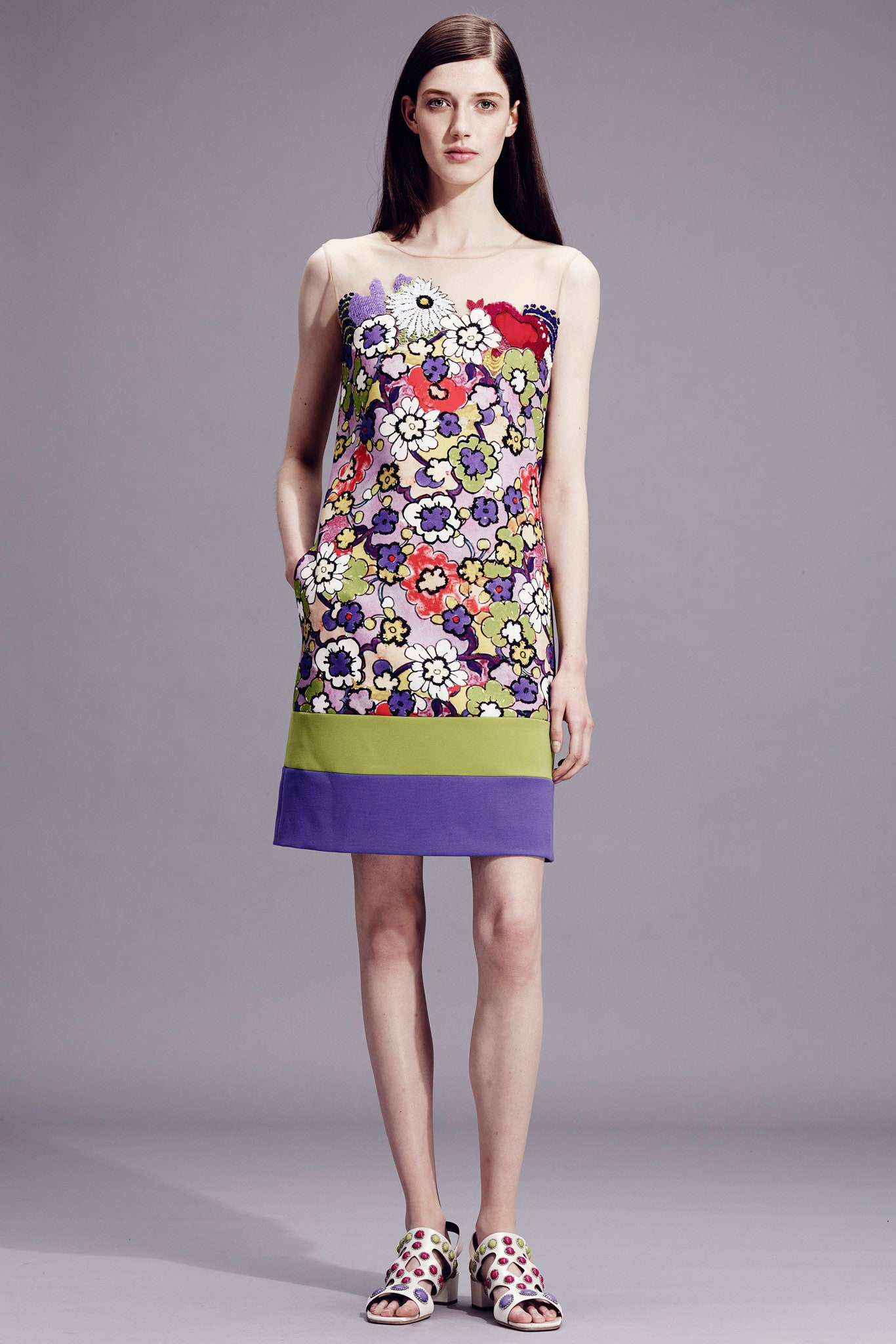 multi-colored flared sleeveless dress
