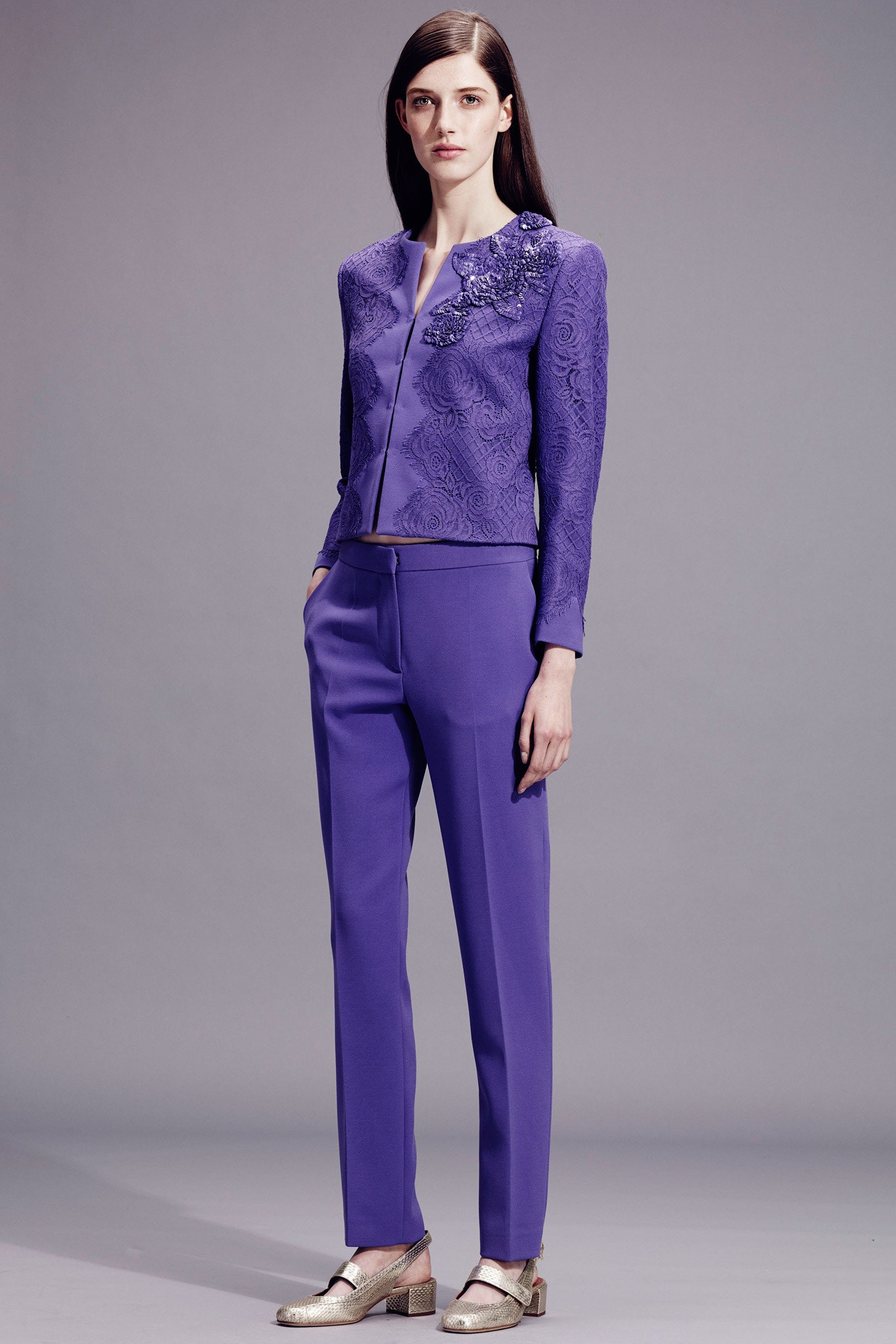 purple silk slim straight-leg pants