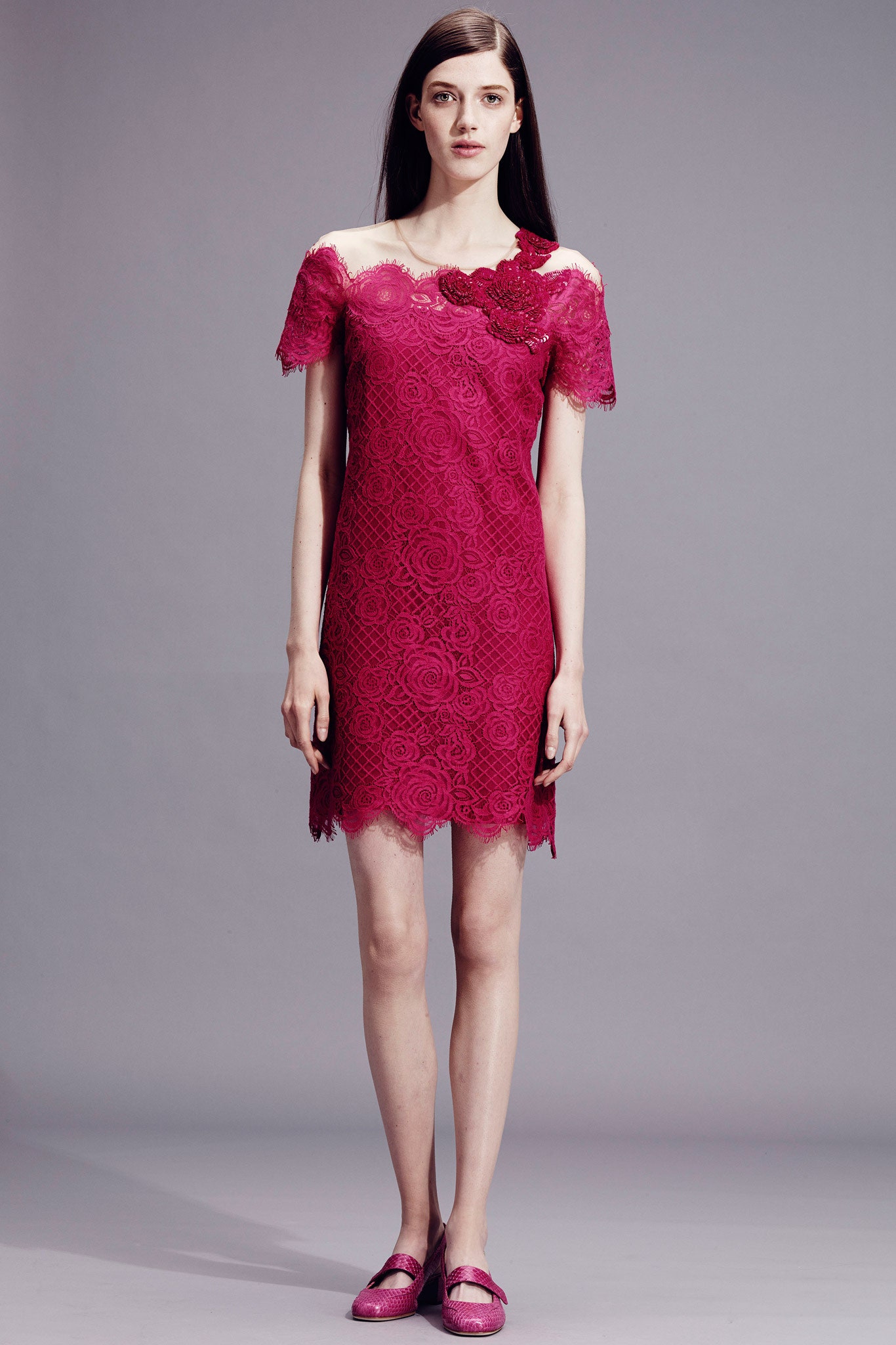 fitted pink lace off-shoulder dress