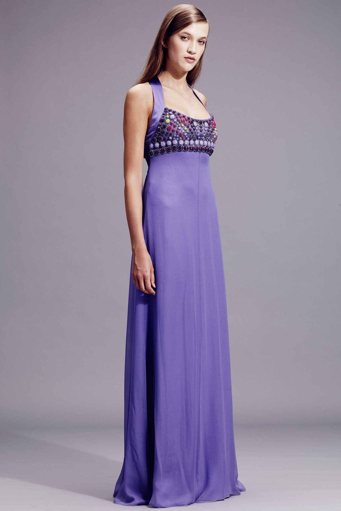 purple silk embellished gown