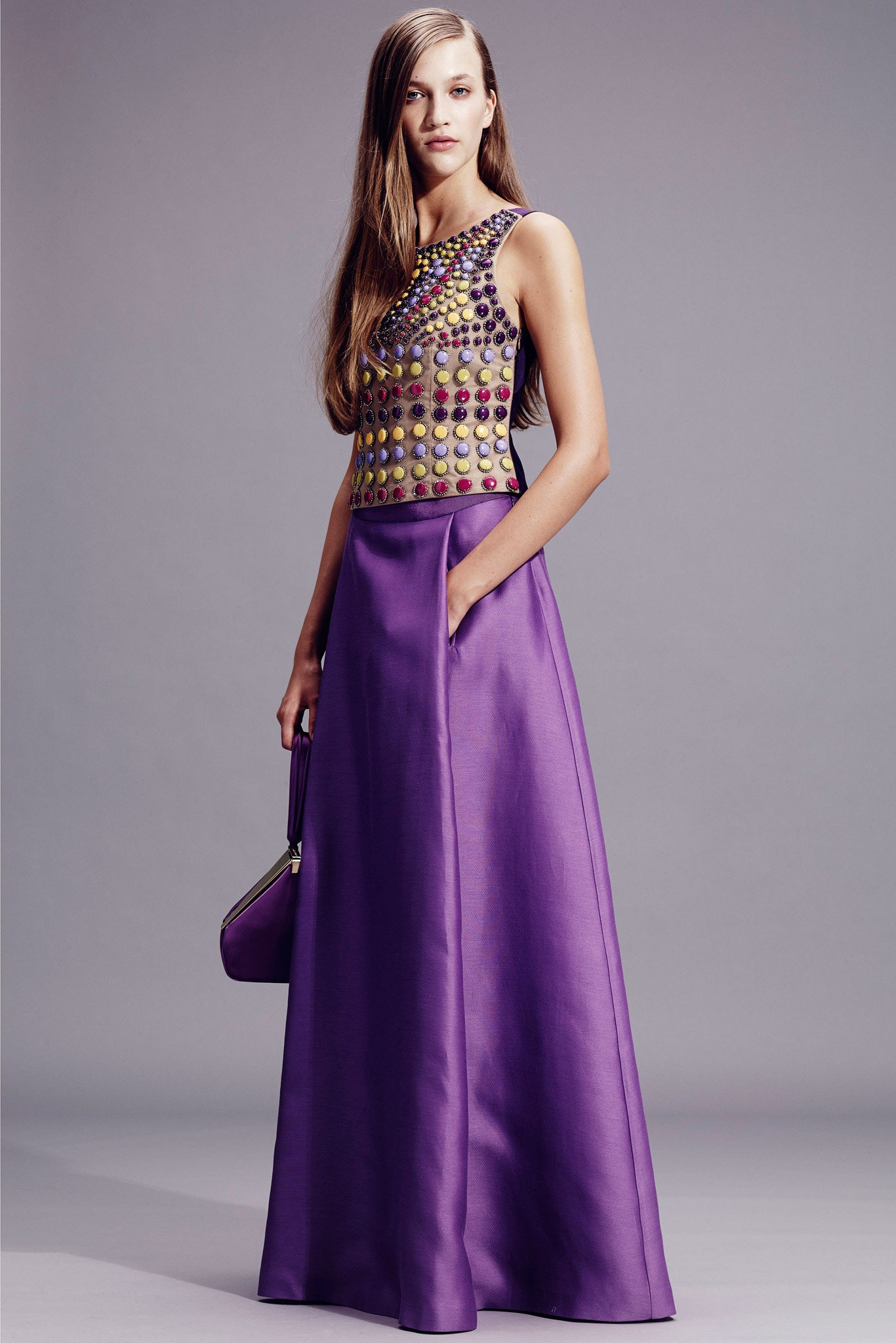 purple silk sleeveless gown