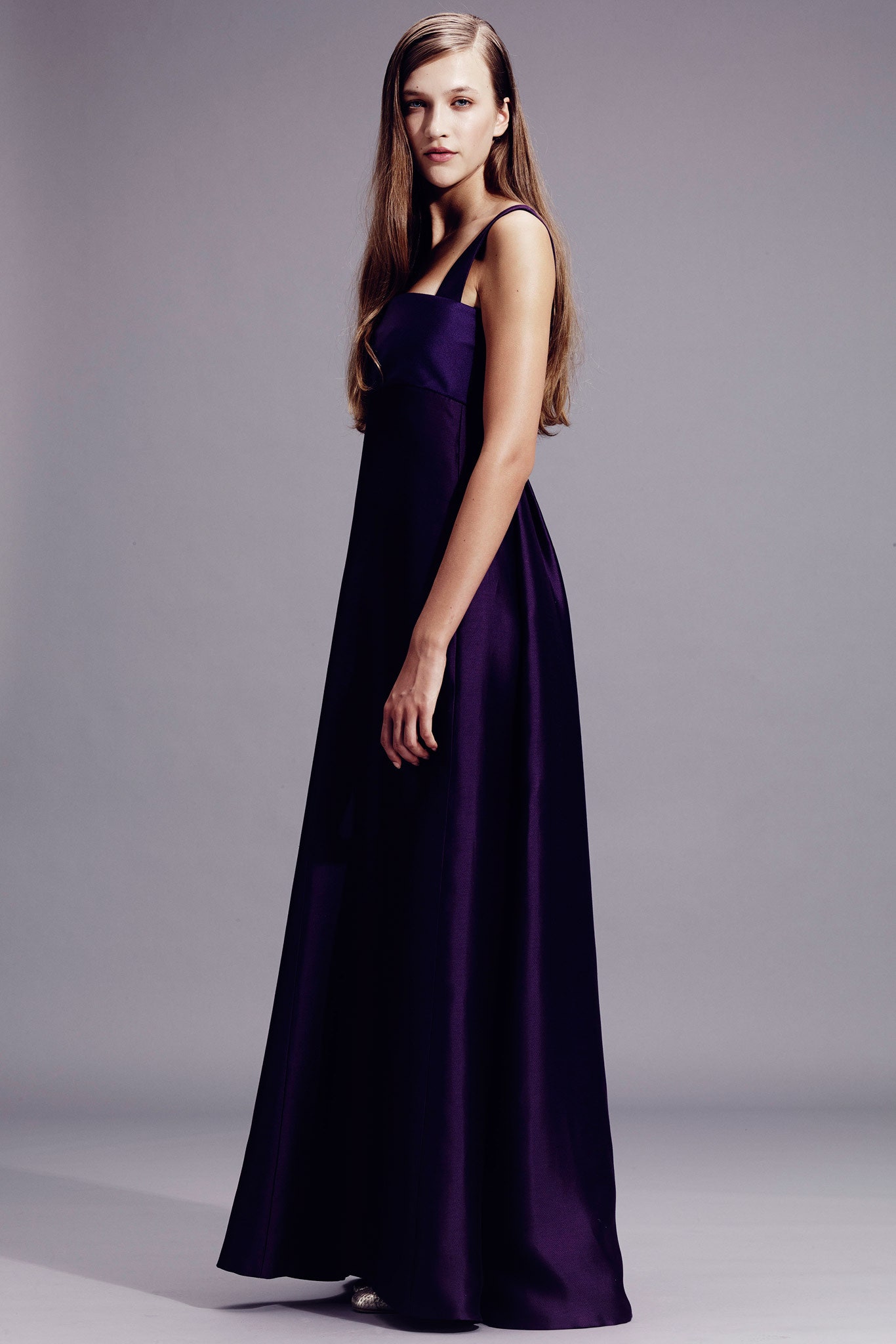 purple silk sleeveless gown
