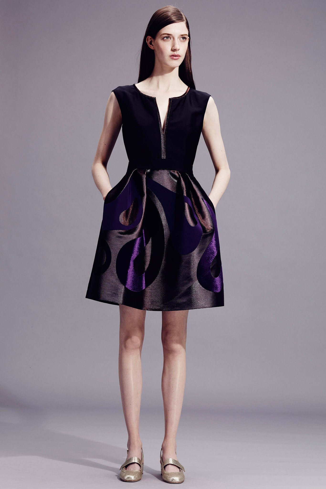 black and purple pleated dress