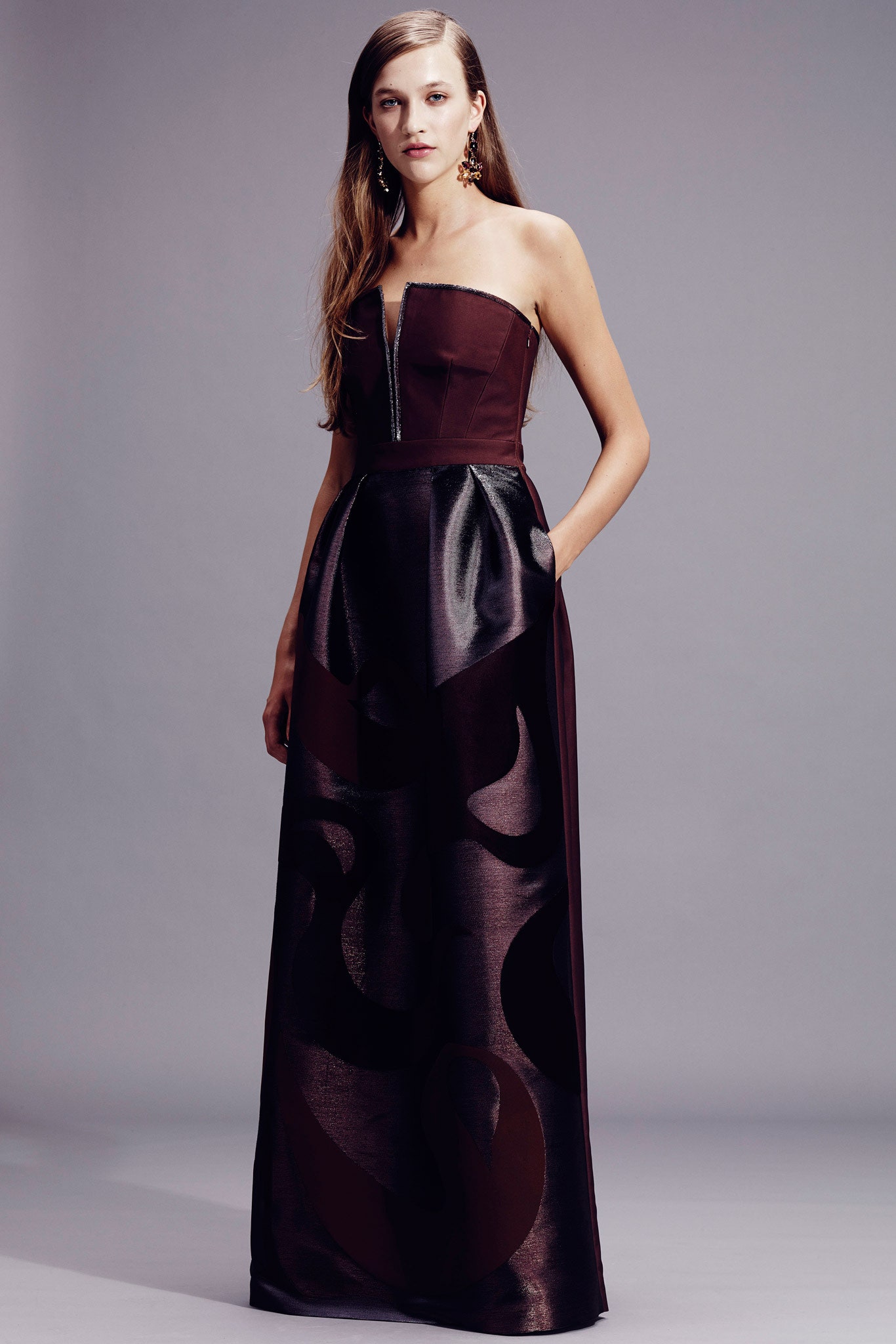 black and brown strapless gown