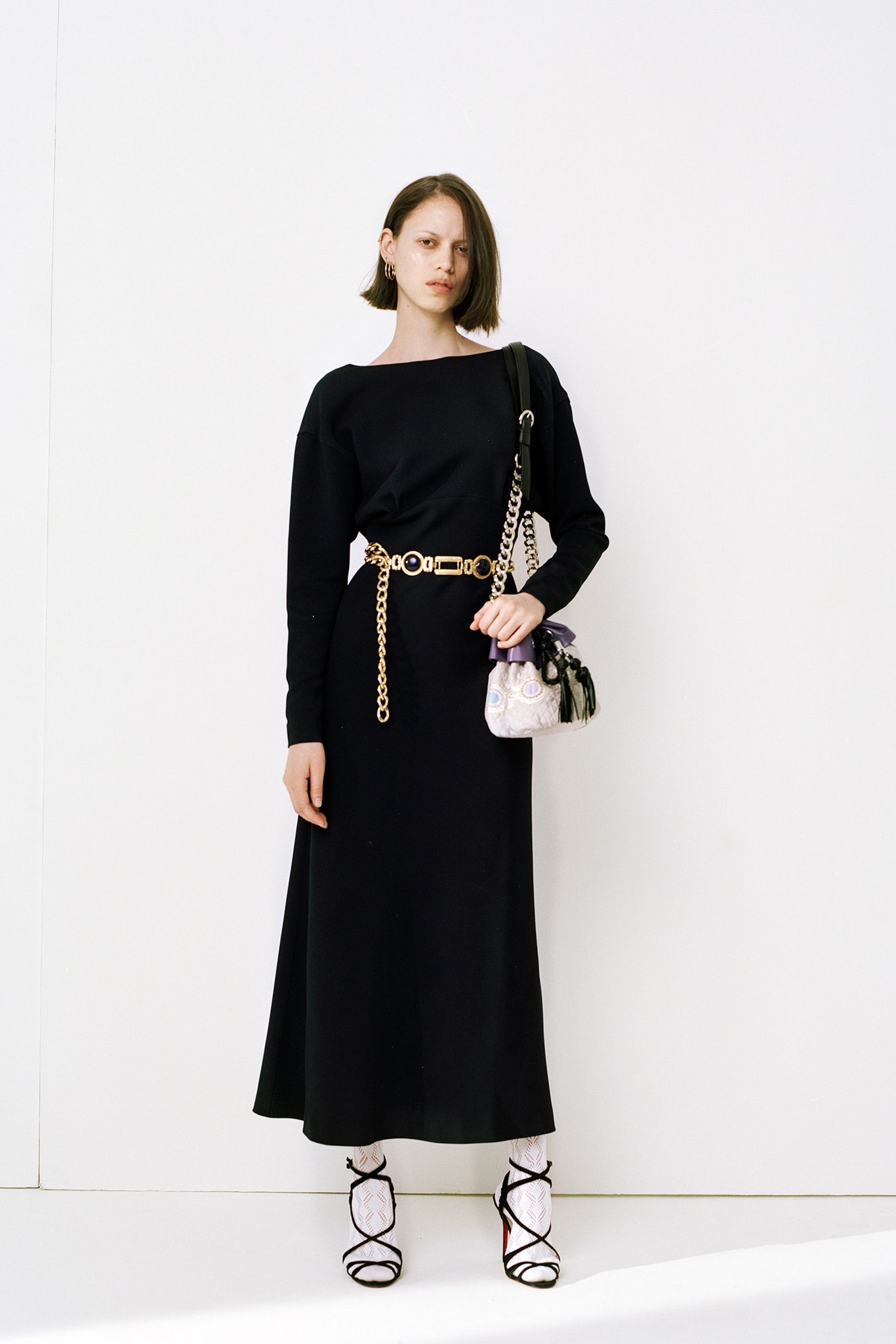 black cotton long-sleeve high-neck fitted straight-leg midi dress