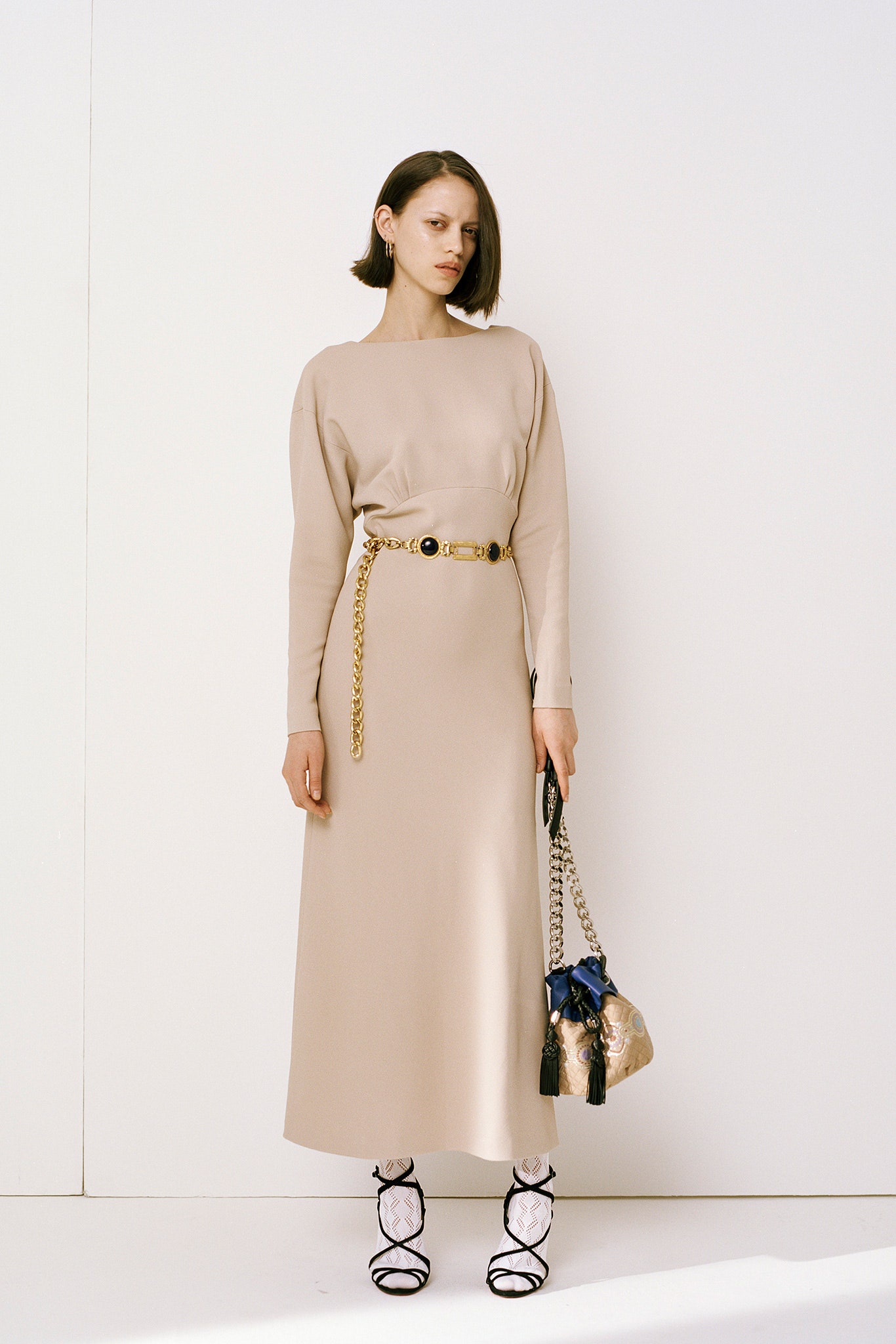 beige cotton long-sleeve high-neck fitted straight-leg belted dress