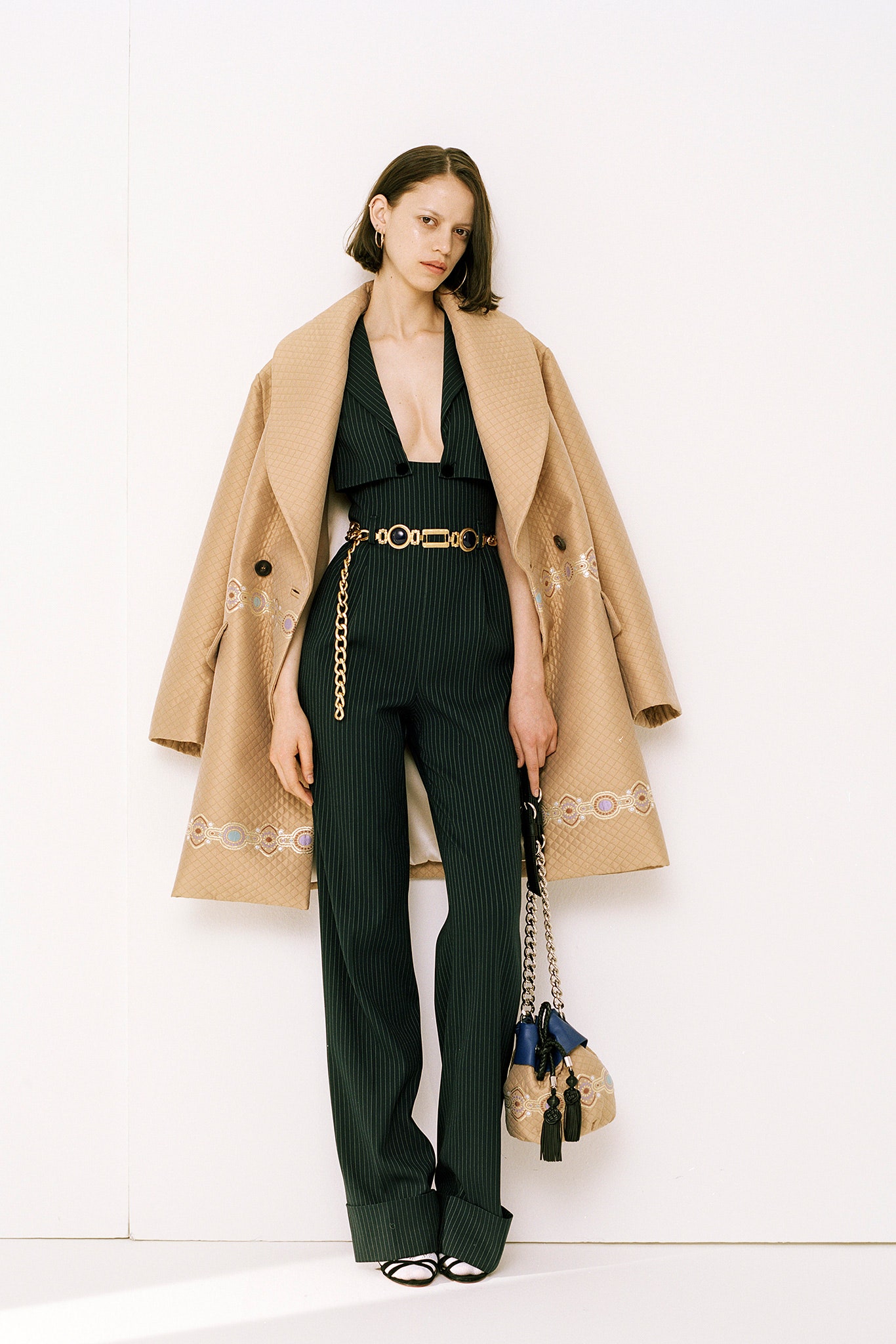 beige wool long-sleeve collared relaxed buttoned embroidered coat