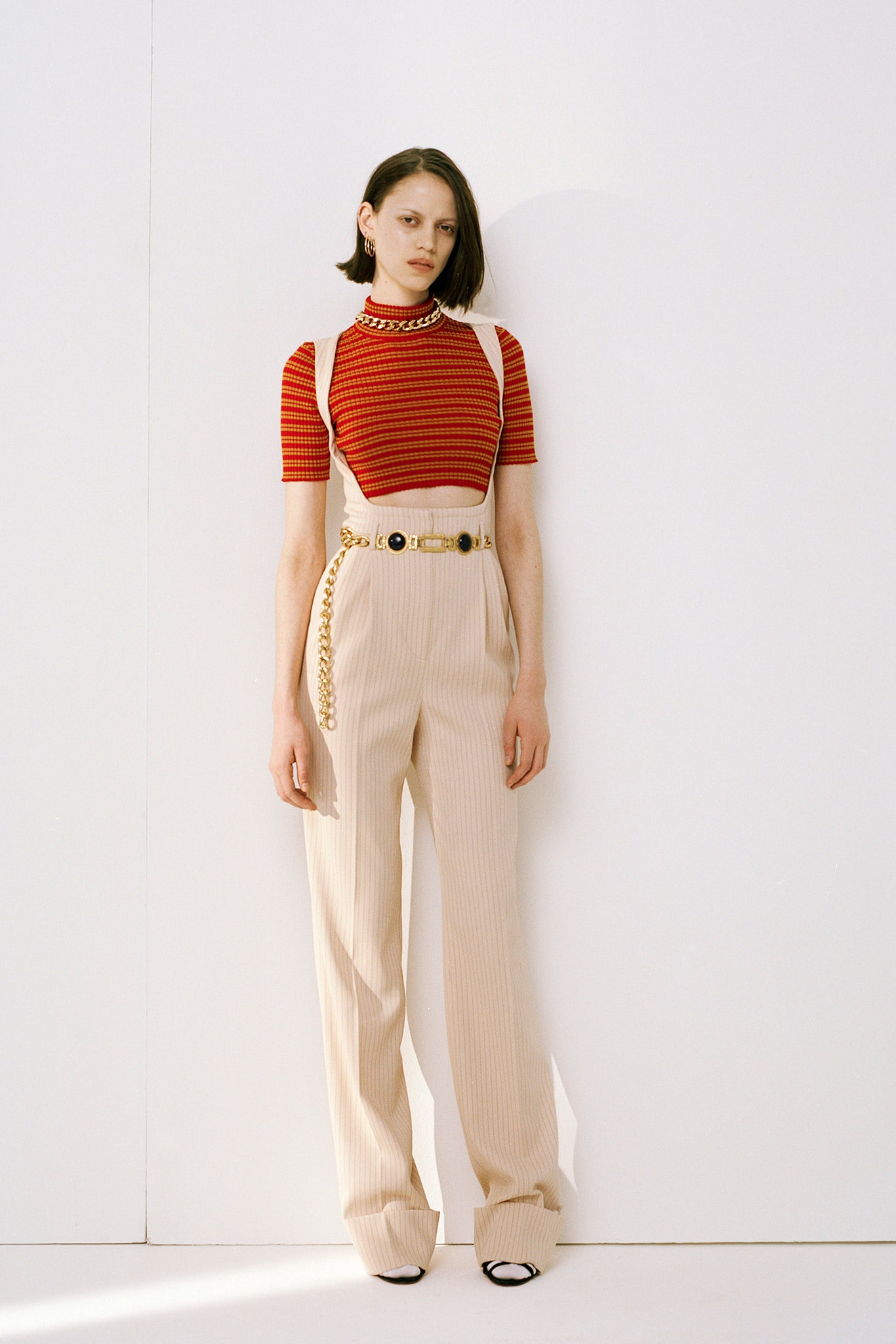 red cotton short-sleeve high-neck fitted striped top