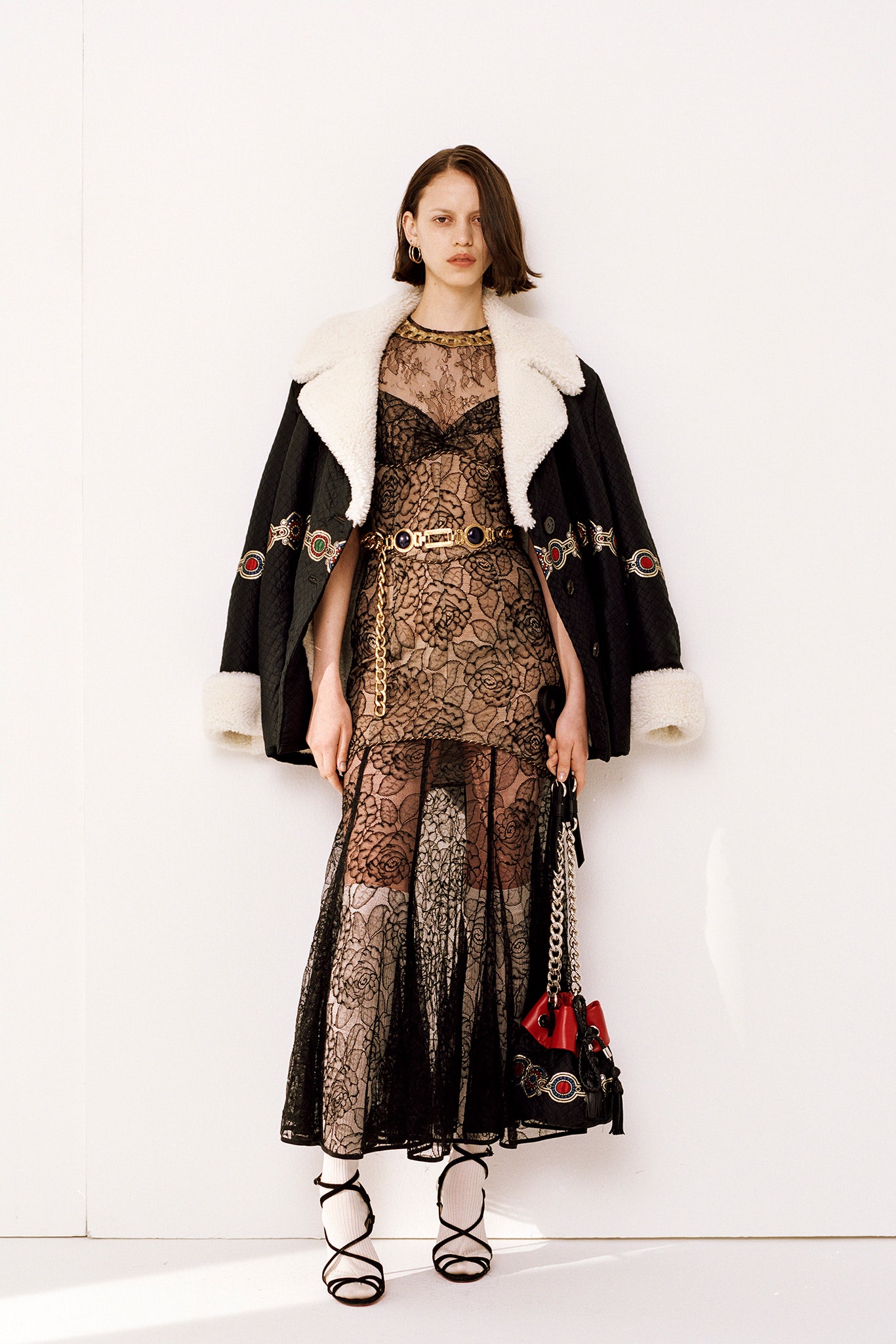 black wool long-sleeve collared relaxed embroidered coat