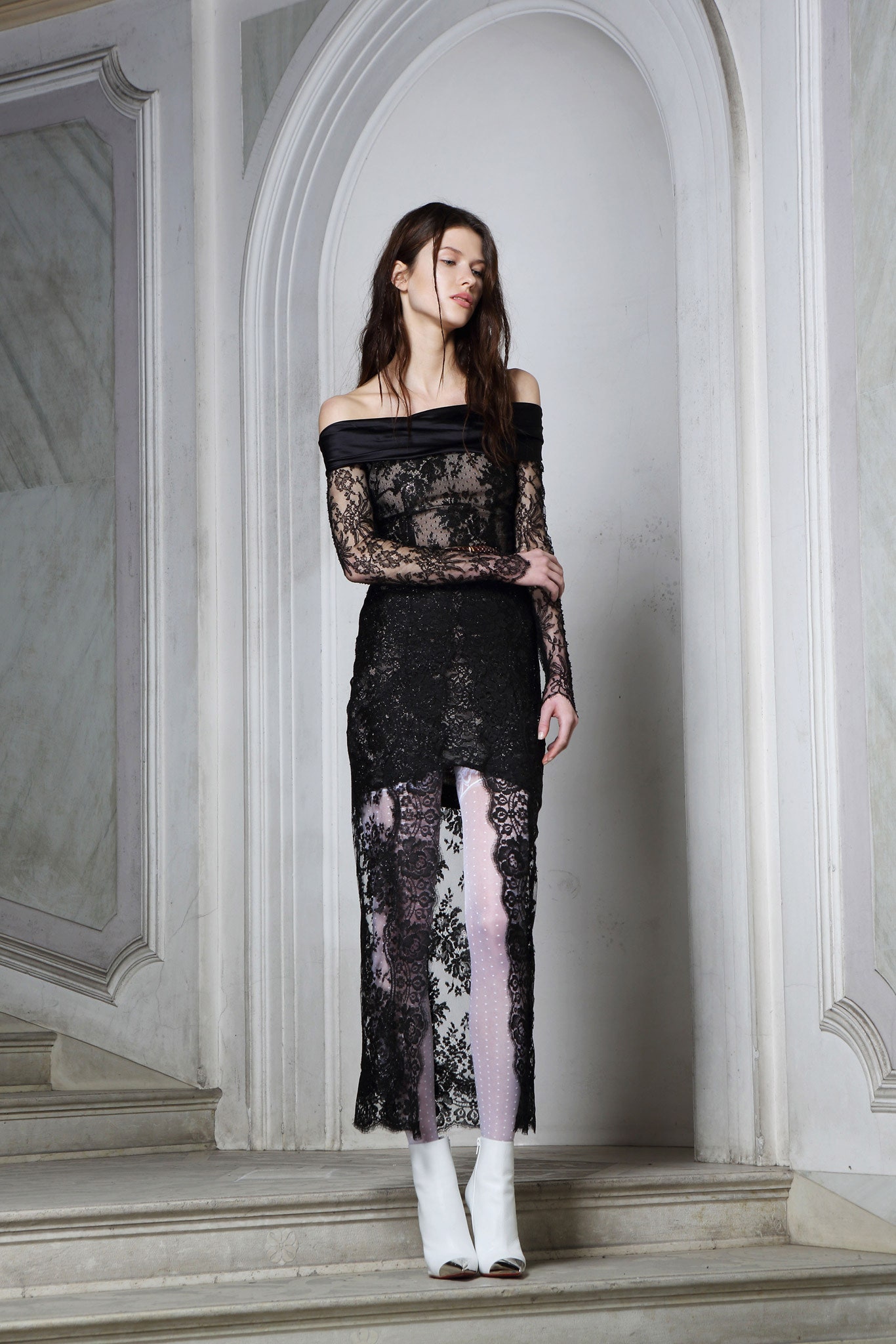 black lace off-shoulder midi dress