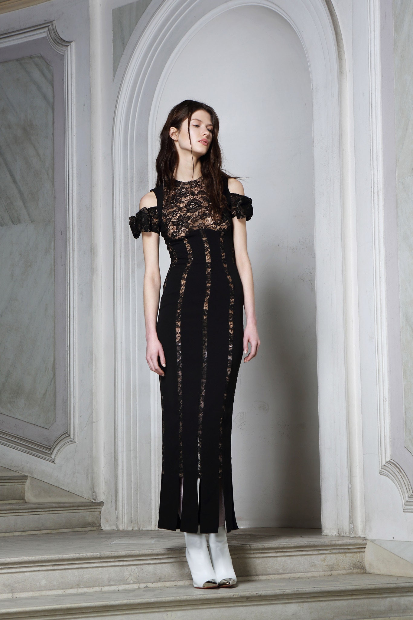 black lace sleeveless off-shoulder fitted ruched midi dress