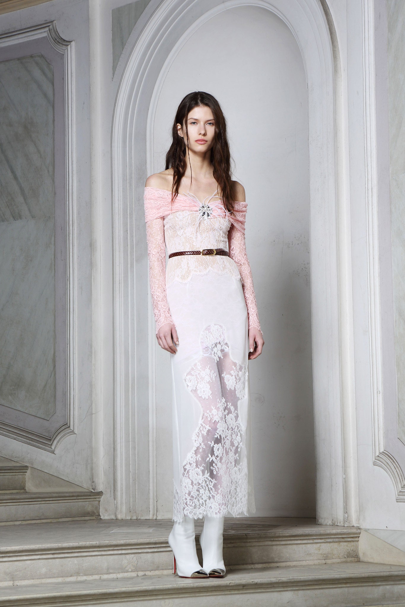 pink lace sleeveless off-shoulder fitted embroidered tiered dress