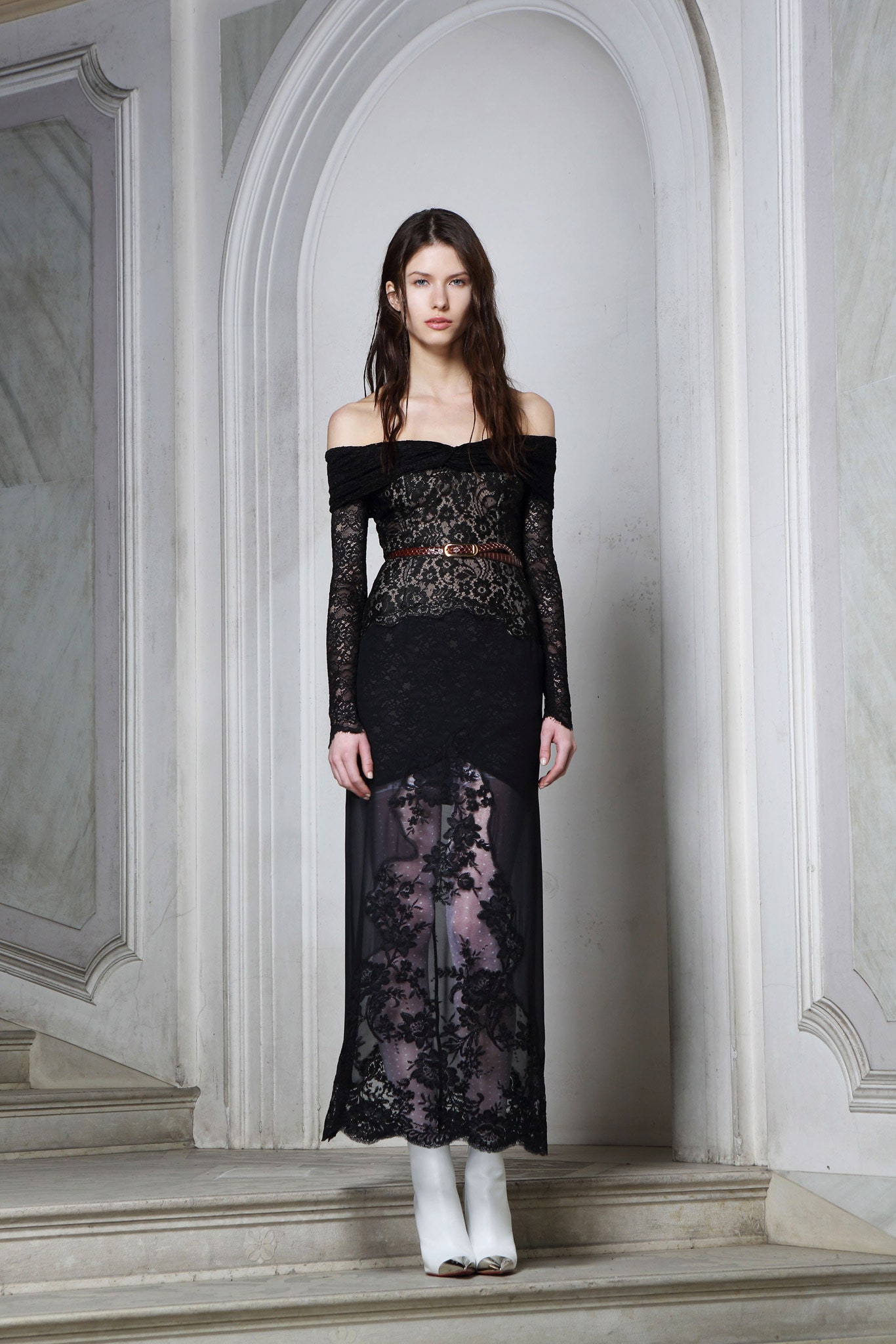 black lace long-sleeve off-shoulder fitted embroidered gown