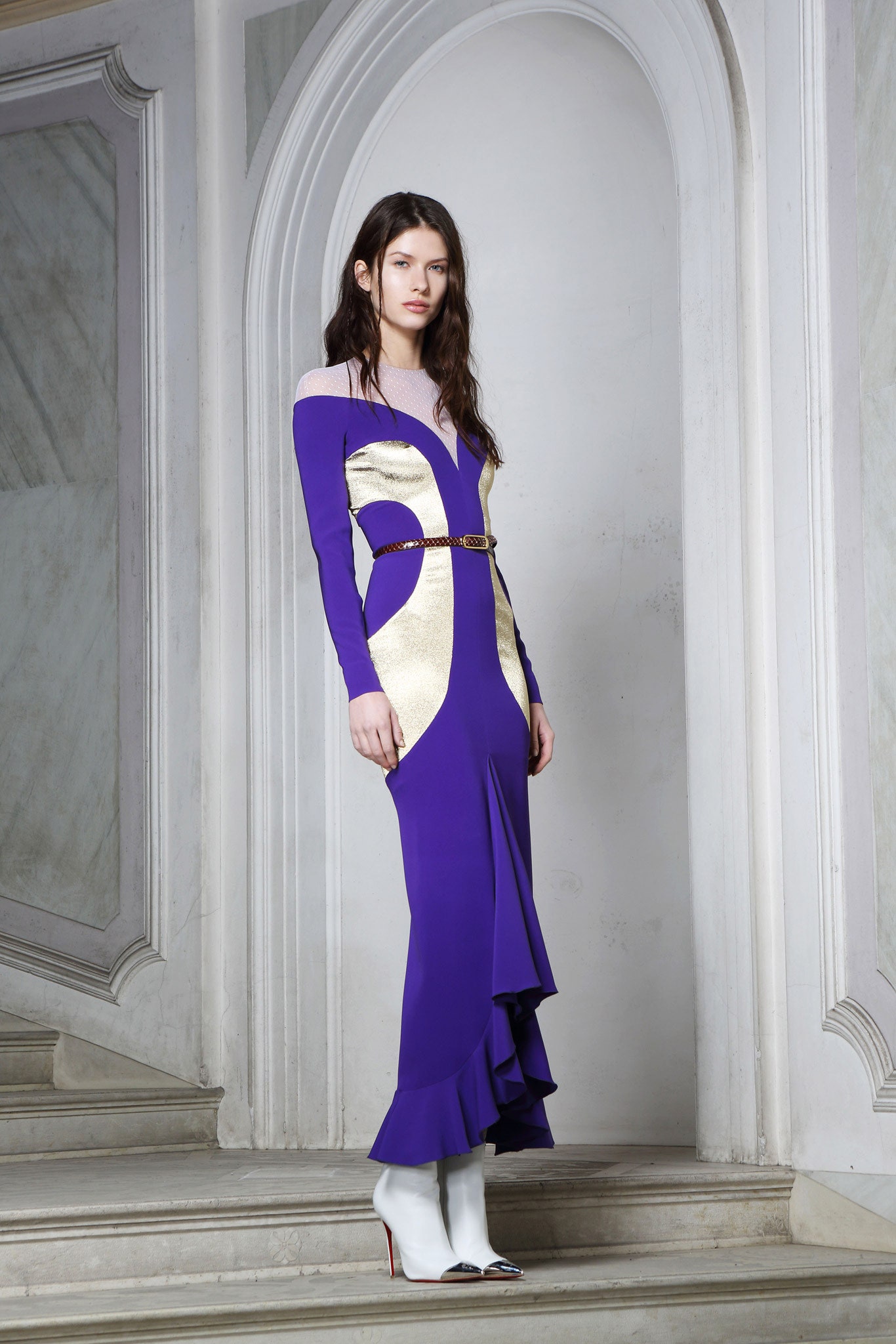 purple silk long-sleeve v-neck fitted ruched flared dress