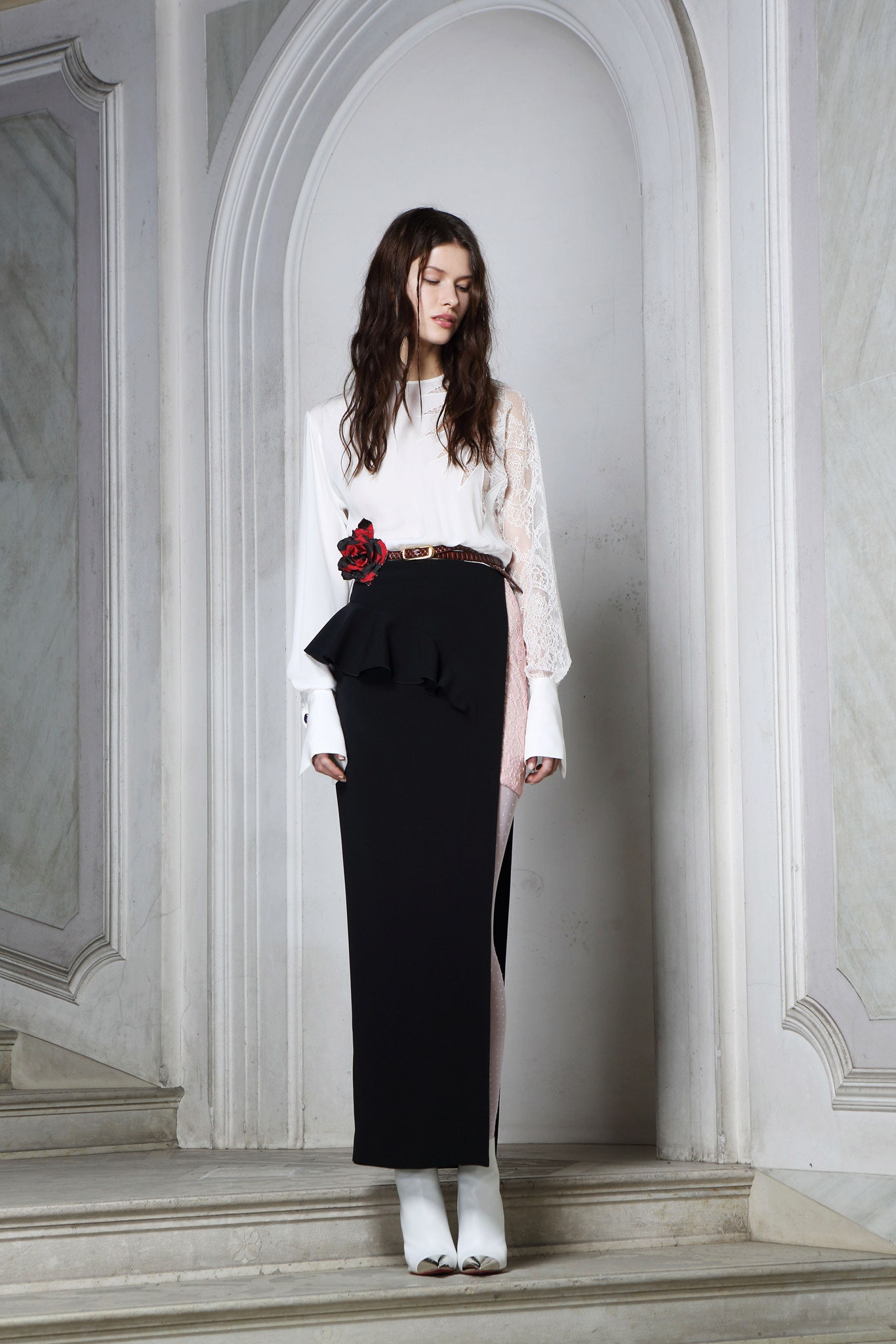white silk long-sleeve collared fitted layered blouse