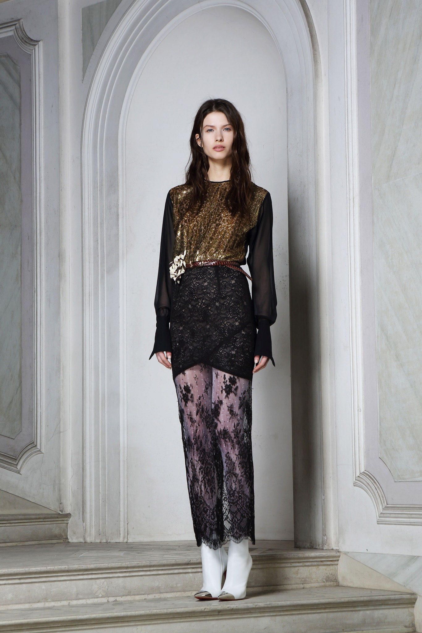 black lace fitted high-waisted tiered sheer midi skirt