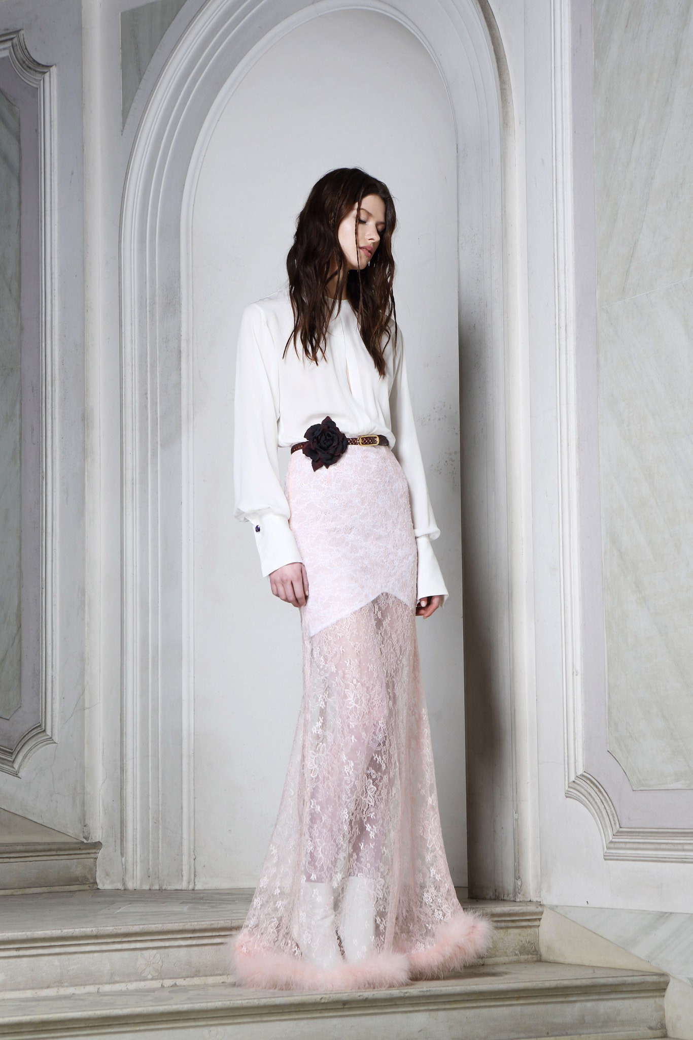 white silk blouse and pink lace skirt