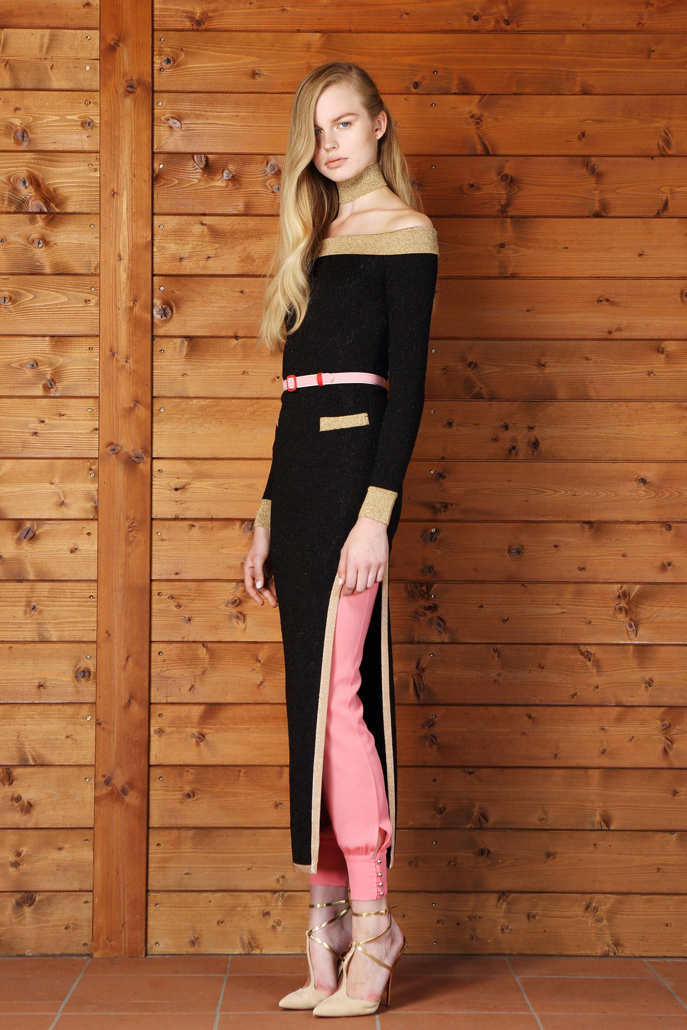 pink knit fitted straight-leg pants