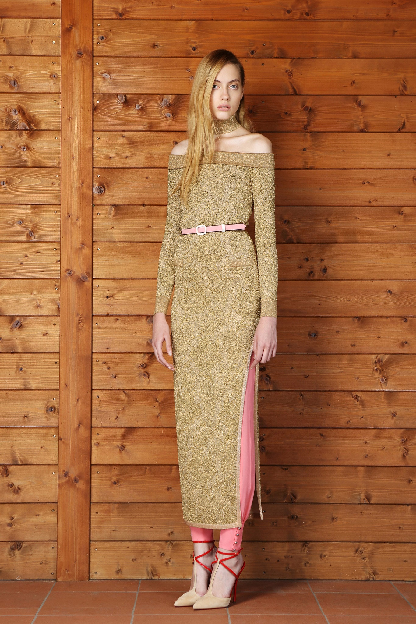 pink knit fitted zippered pants