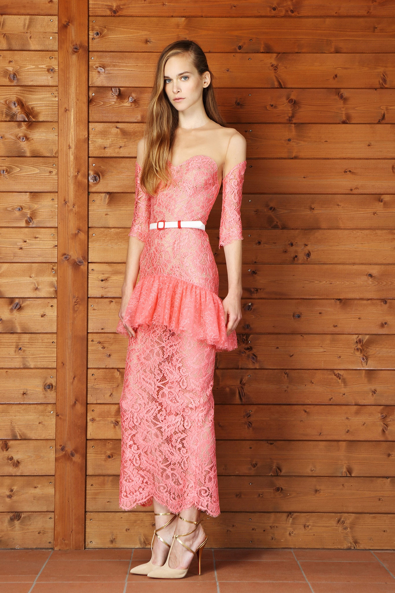 pink lace off-shoulder fitted tiered midi dress