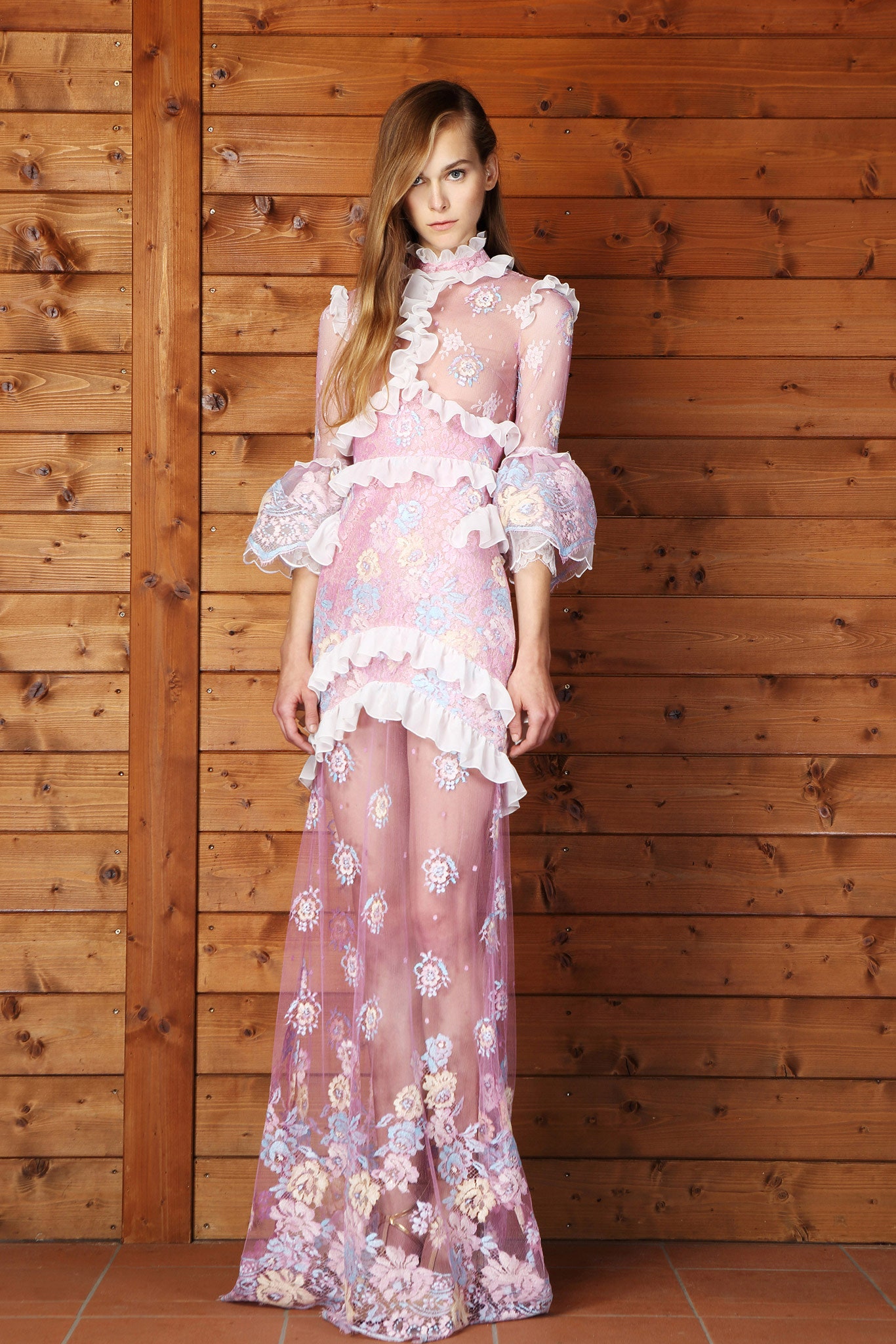 pink lace embroidered gown
