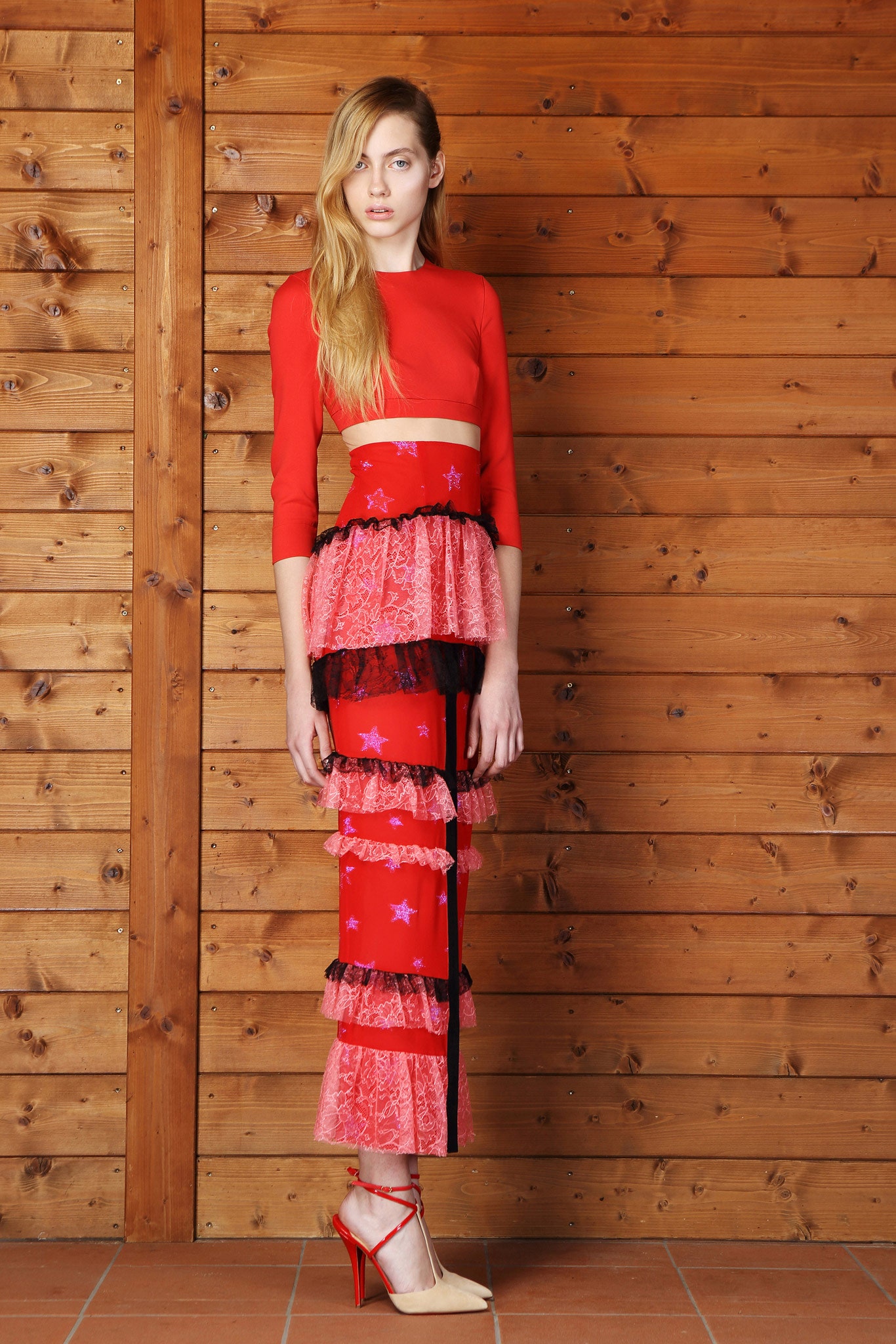 red fitted pleated tiered midi skirt