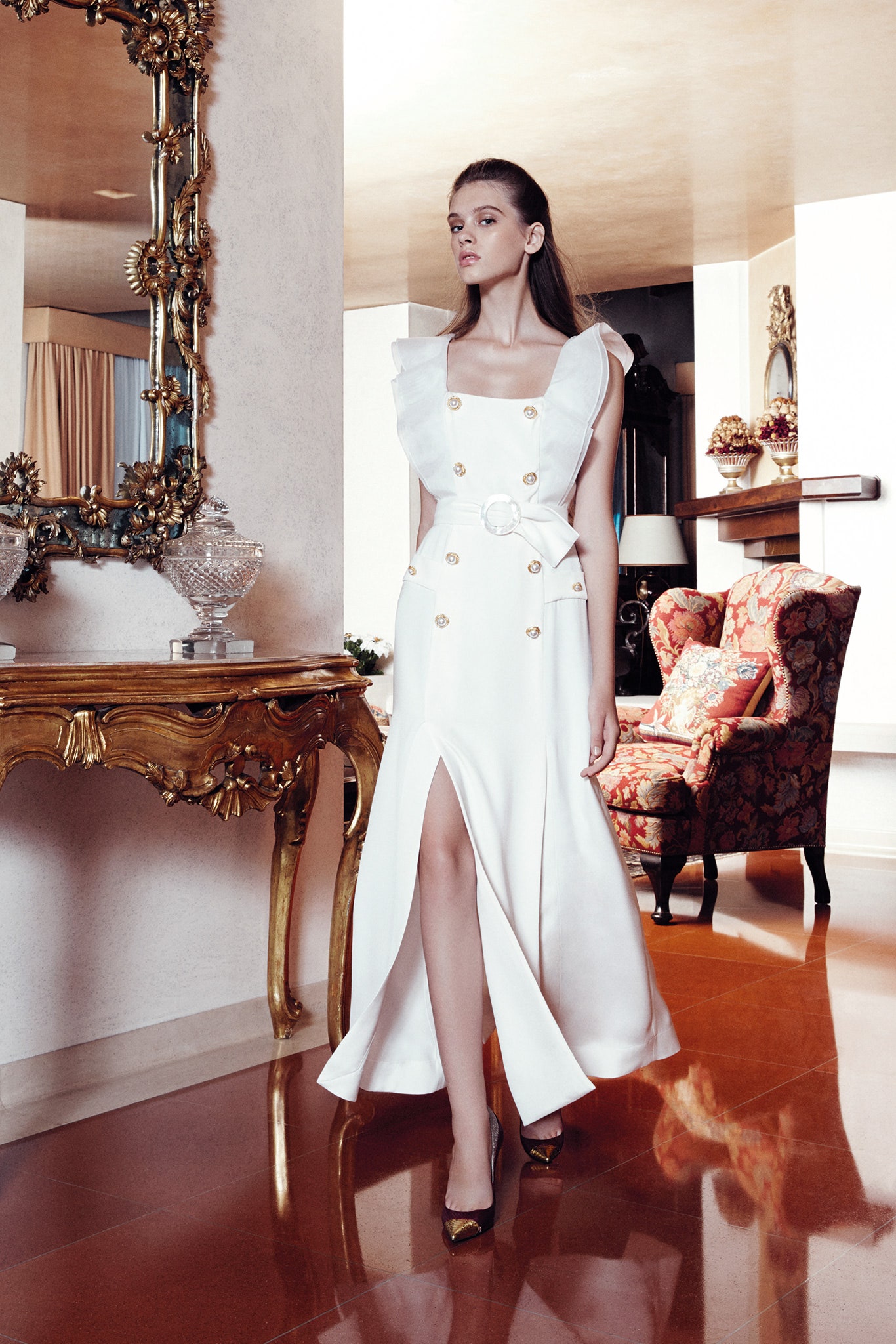 white silk fitted gown