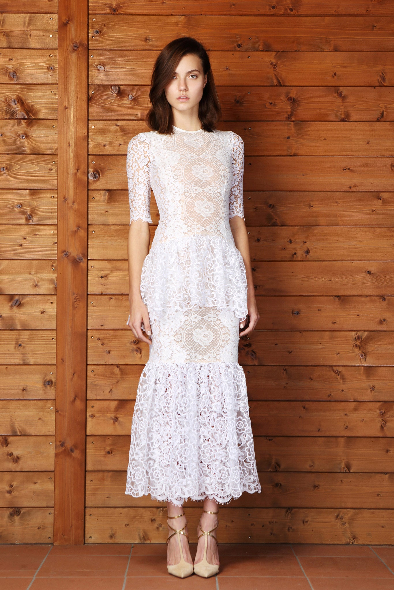 white lace tiered midi dress