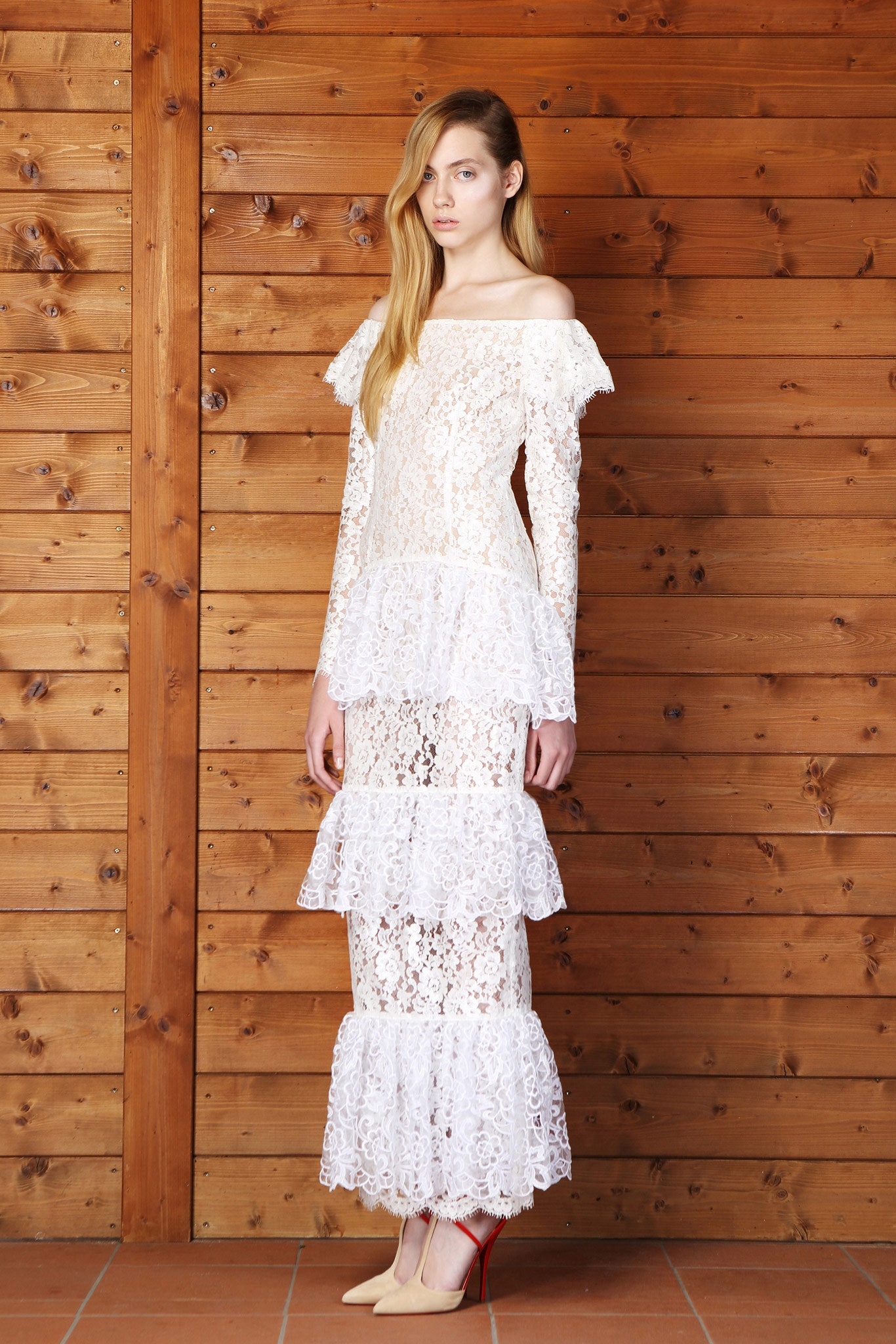 white lace off-shoulder gown