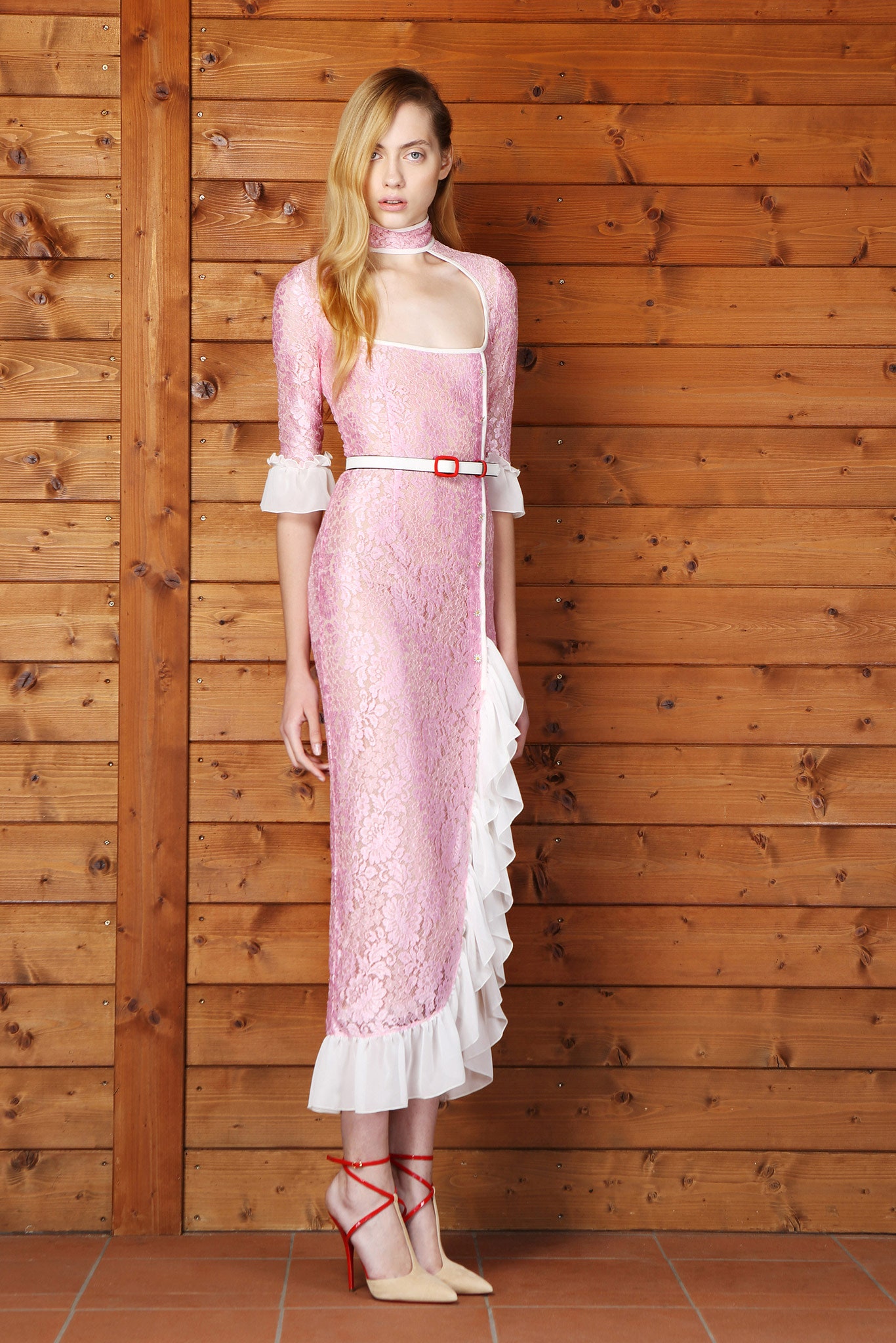 pink lace fitted midi dress