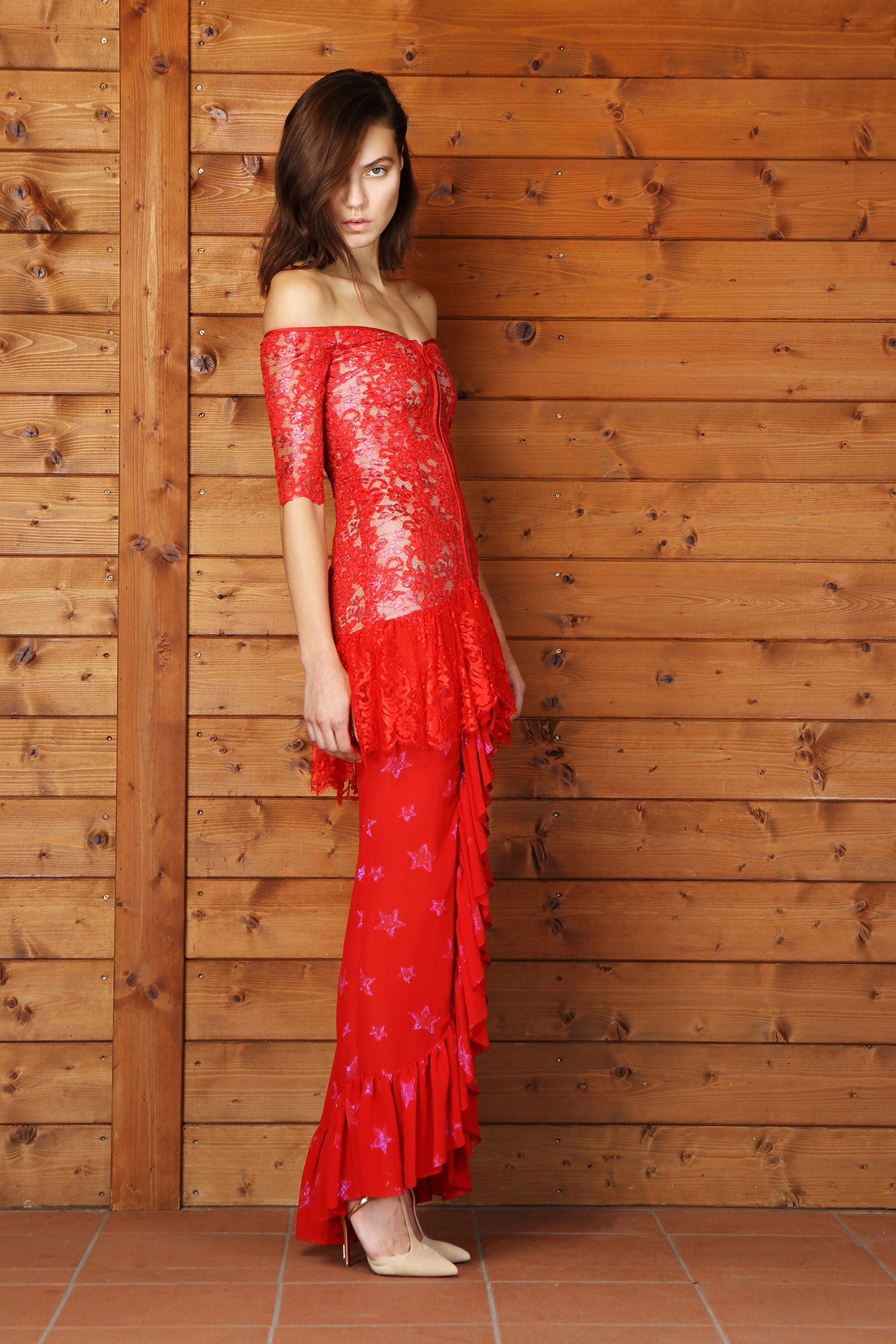 red lace off-shoulder dress