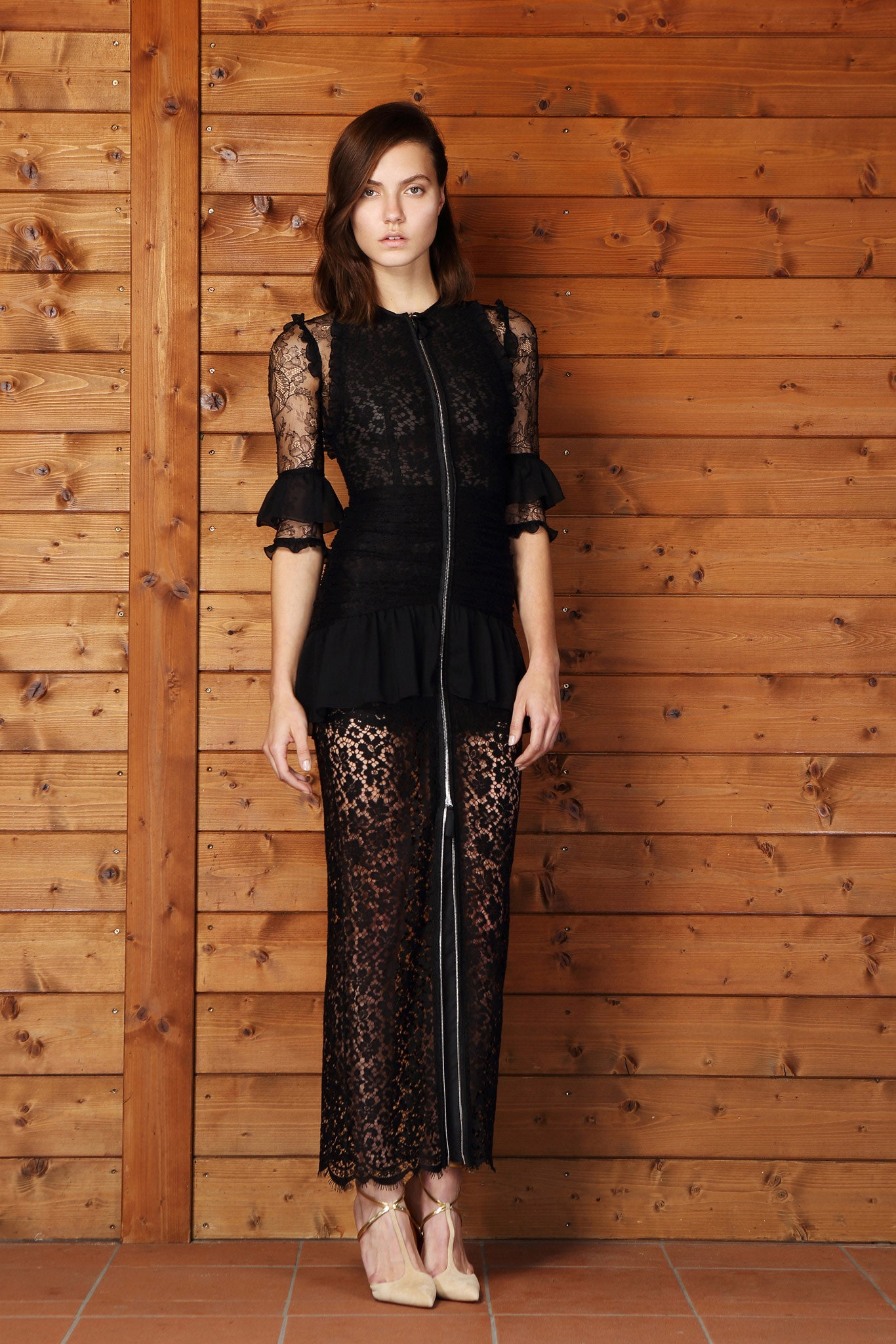 black lace long-sleeve v-neck fitted ruffled layered dress
