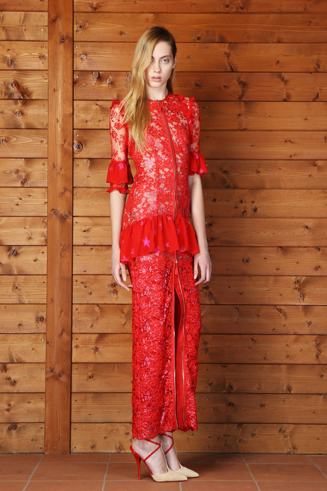 fitted red lace dress