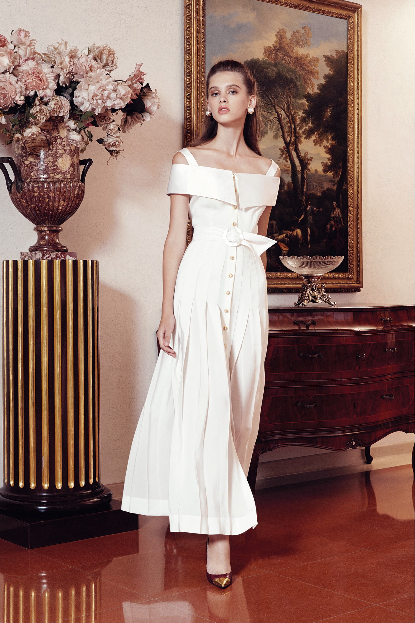 white off-shoulder pleated dress