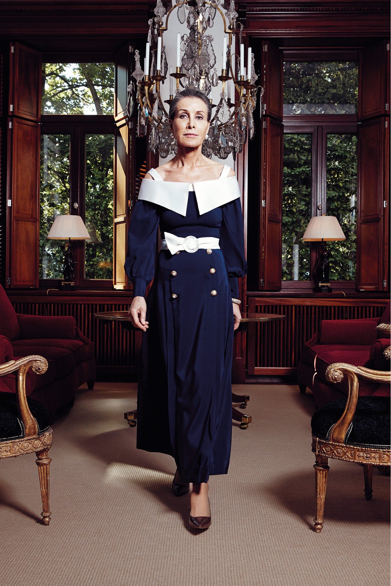 navy silk off-shoulder dress