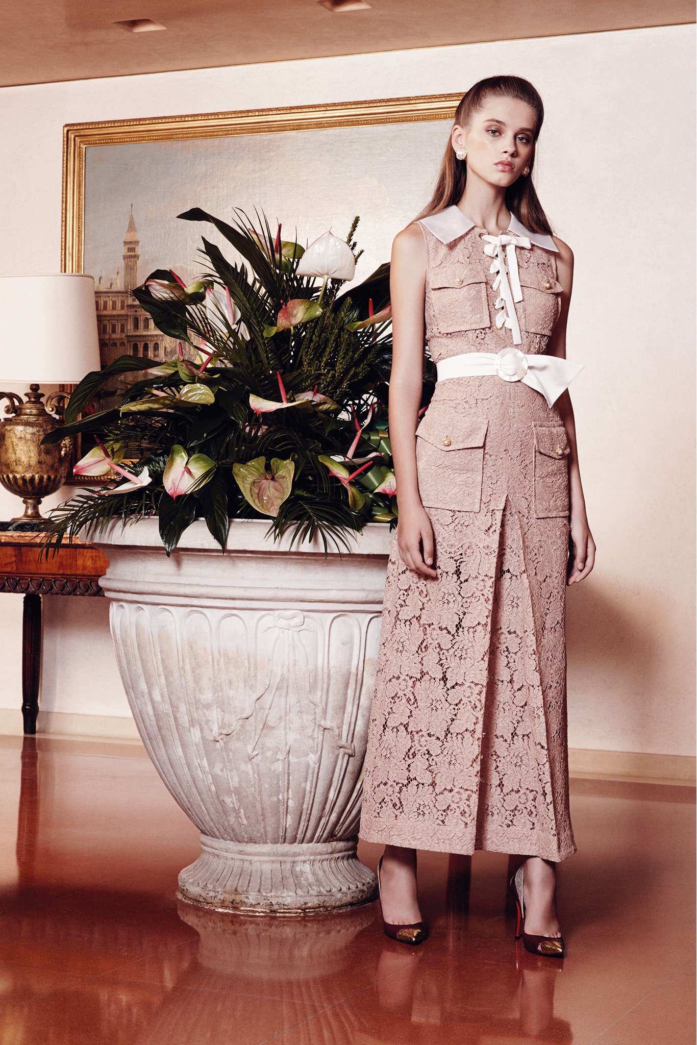 pink lace fitted dress