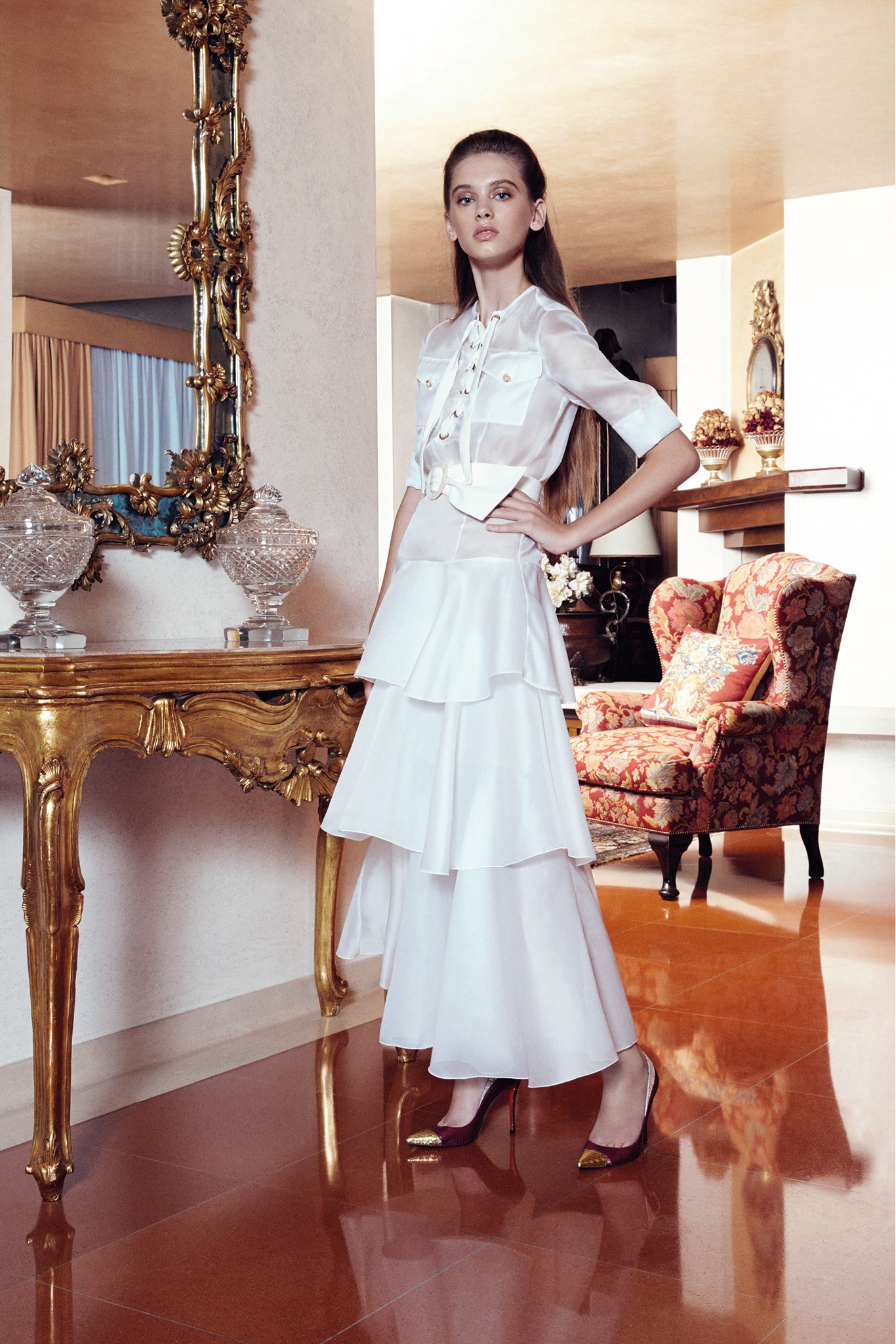 white silk blouse and tiered skirt