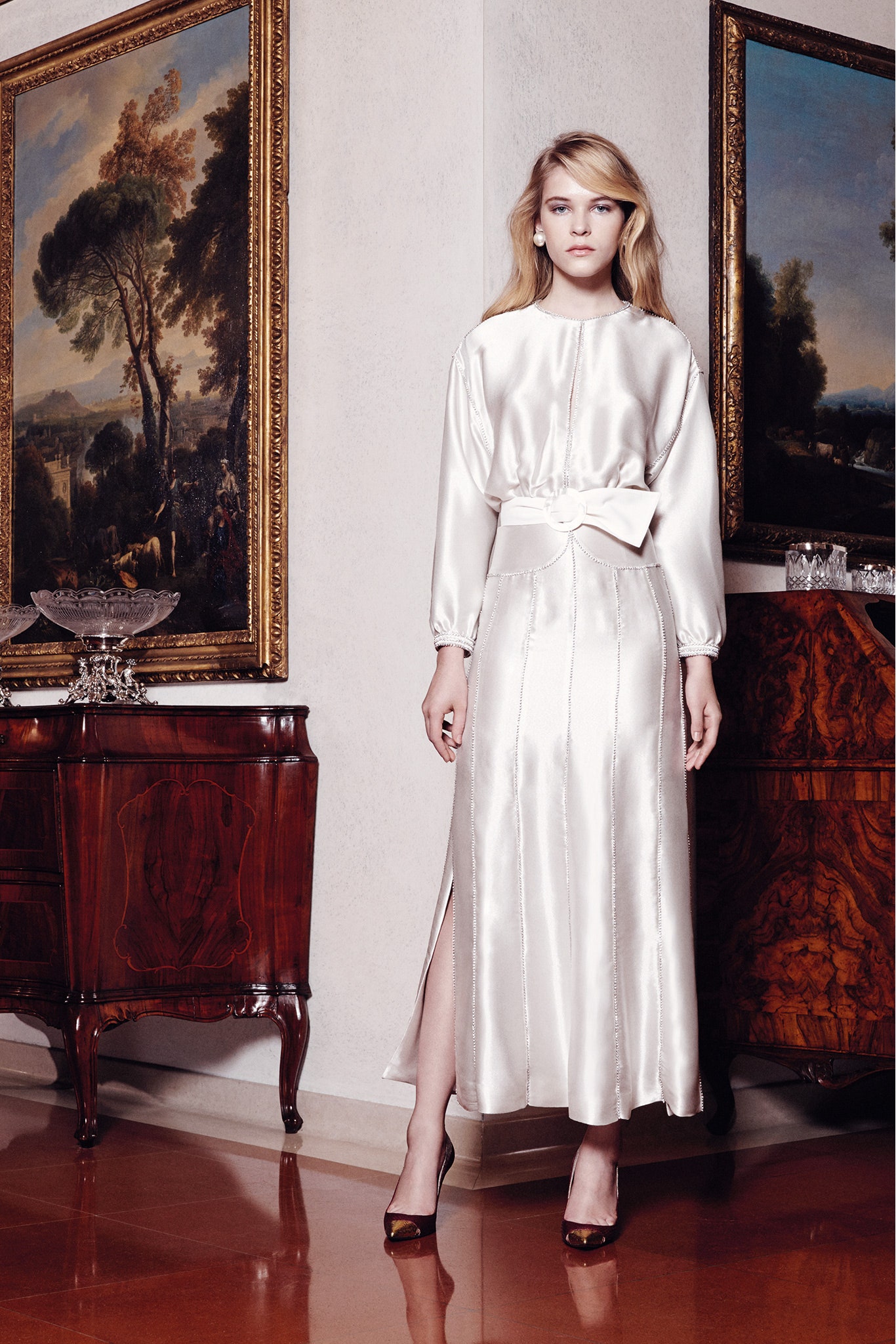 white silk long-sleeve dress