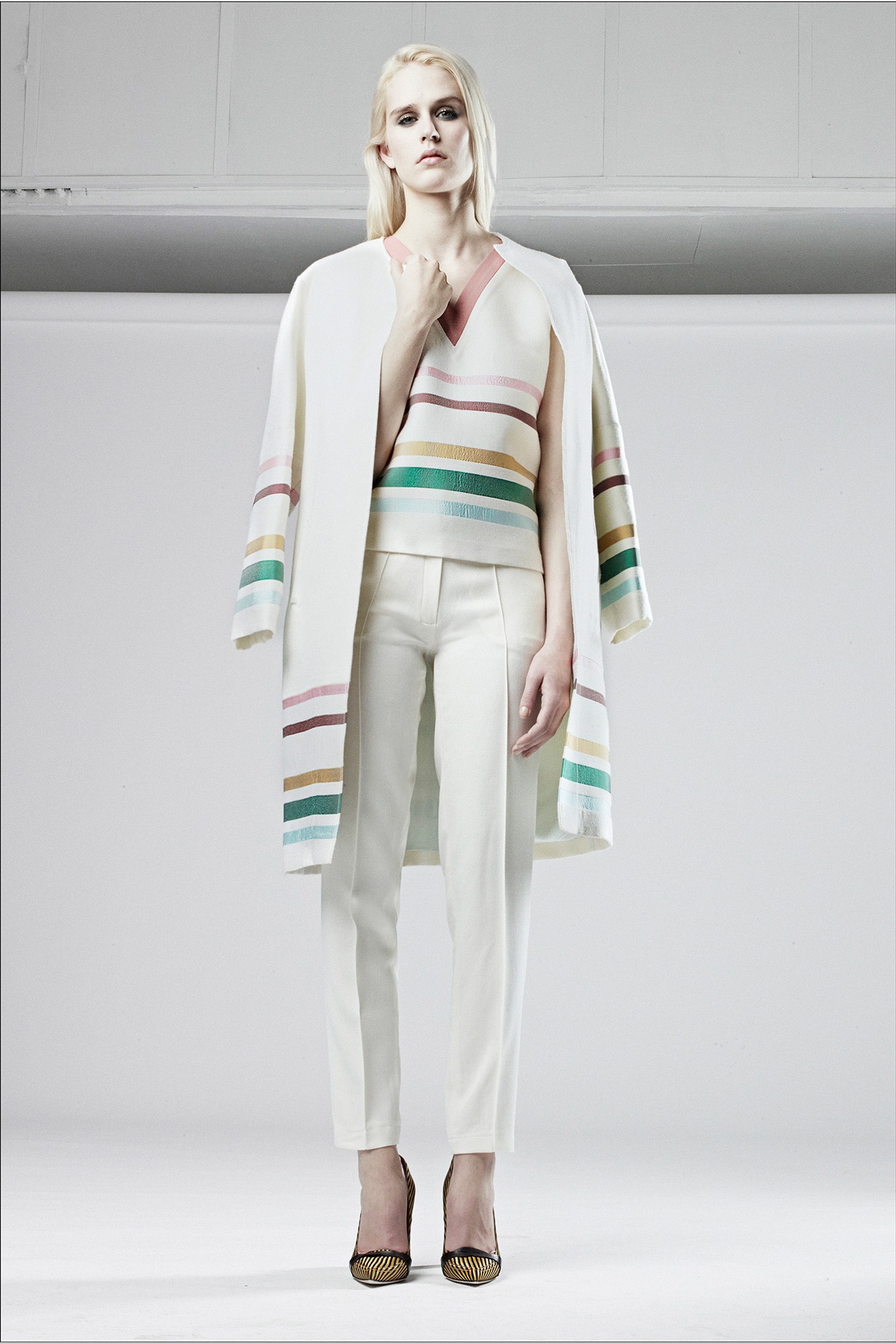 white cotton long-sleeve v-neck relaxed striped coat