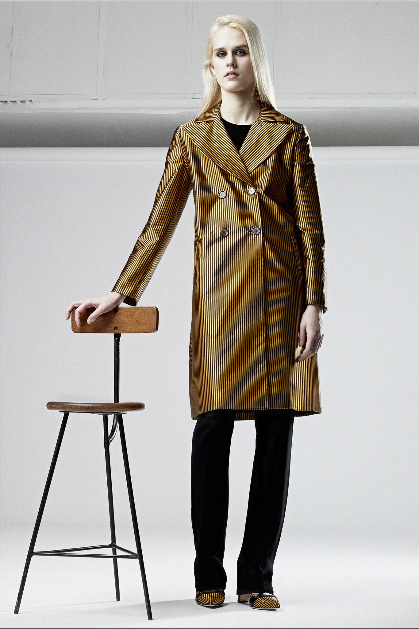 gold silk long-sleeve double-breasted tailored striped coat