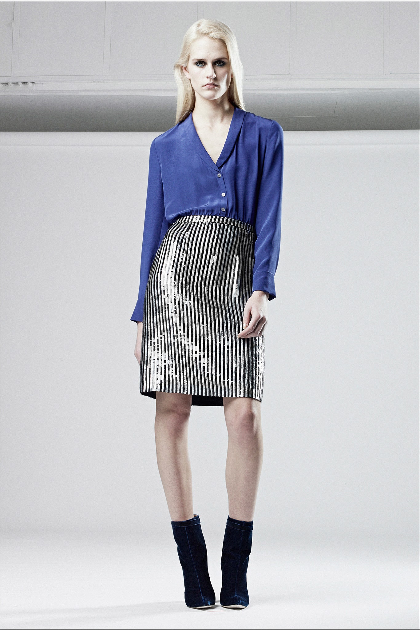 blue silk long-sleeve collared fitted blouse