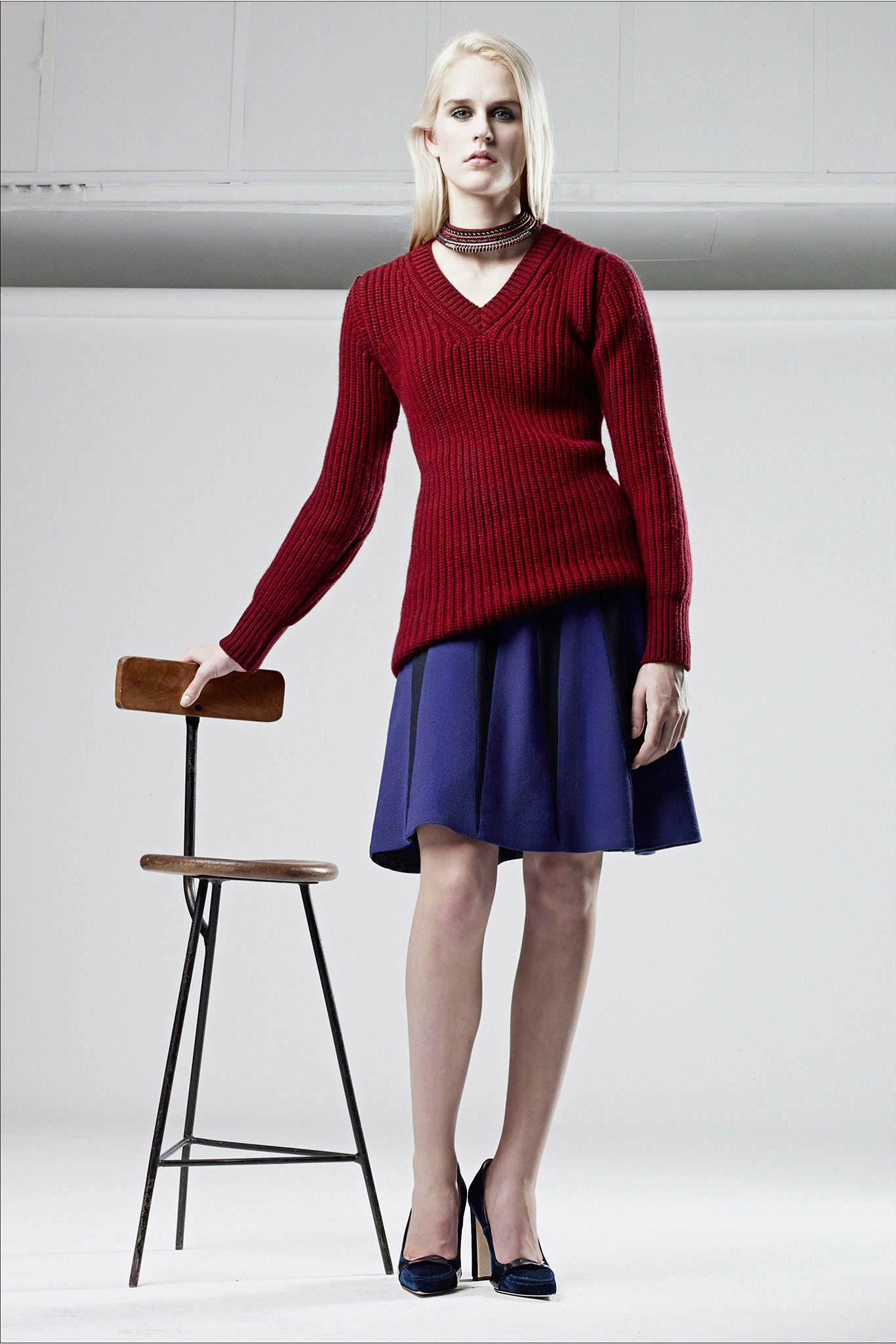 red wool long-sleeve v-neck fitted ribbed sweater