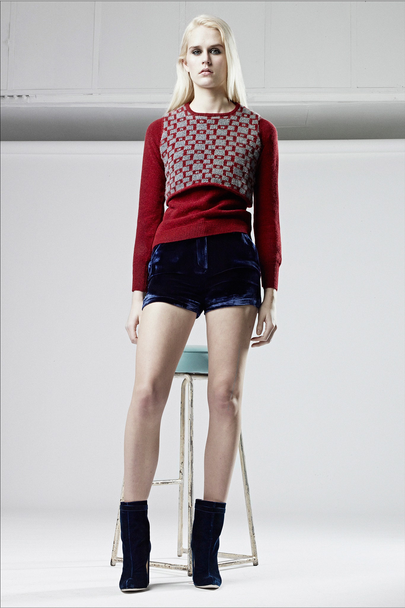 red wool long-sleeve collared fitted textured top