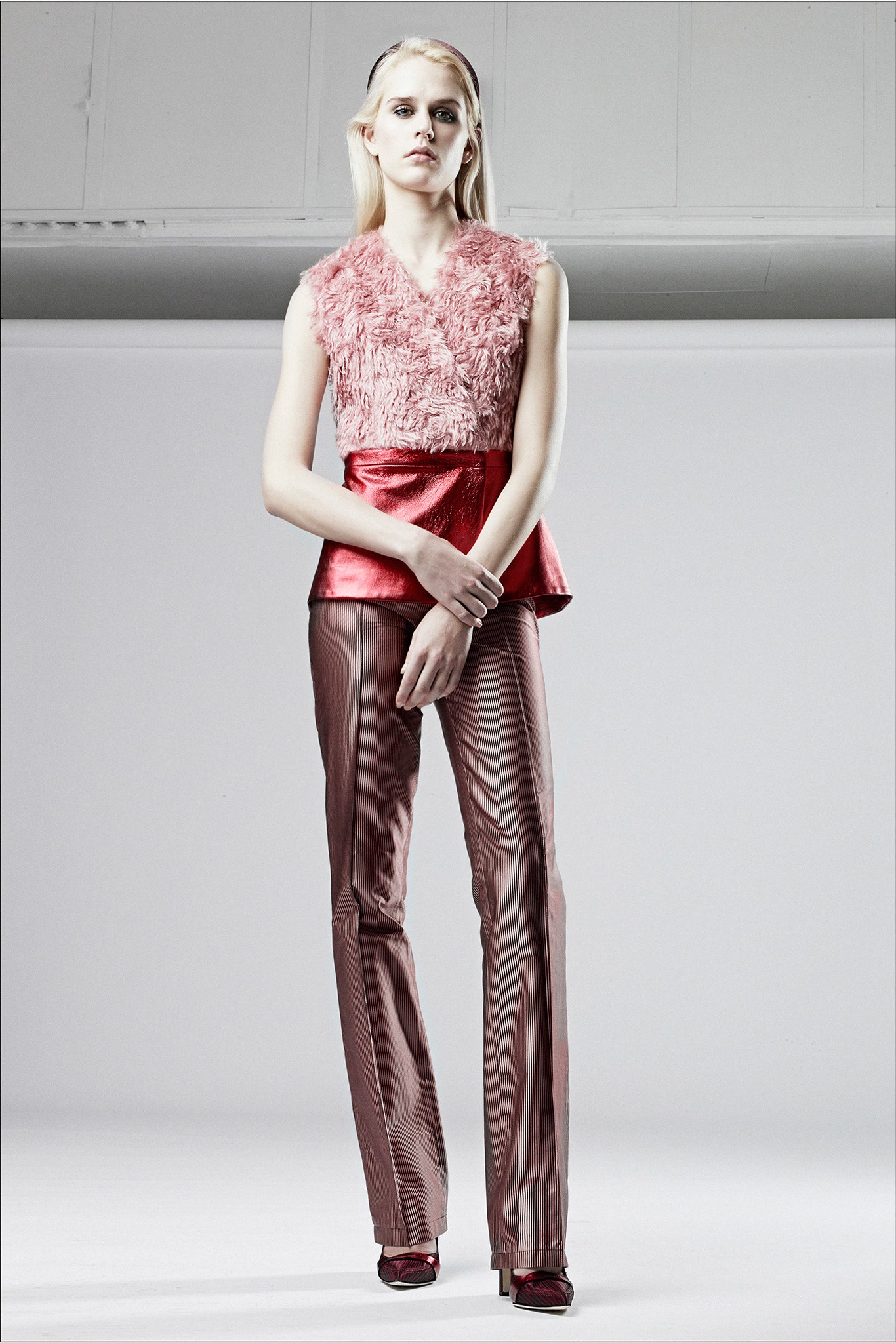 pink silk sleeveless v-neck fitted ruffled top