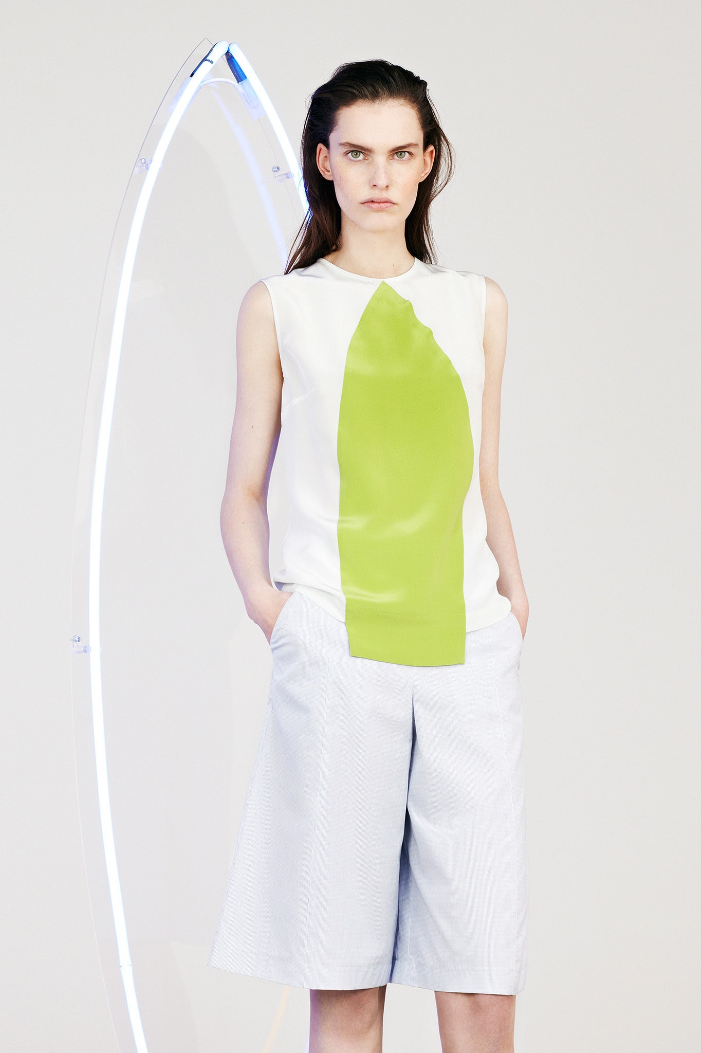 fitted color-blocked top and relaxed shorts