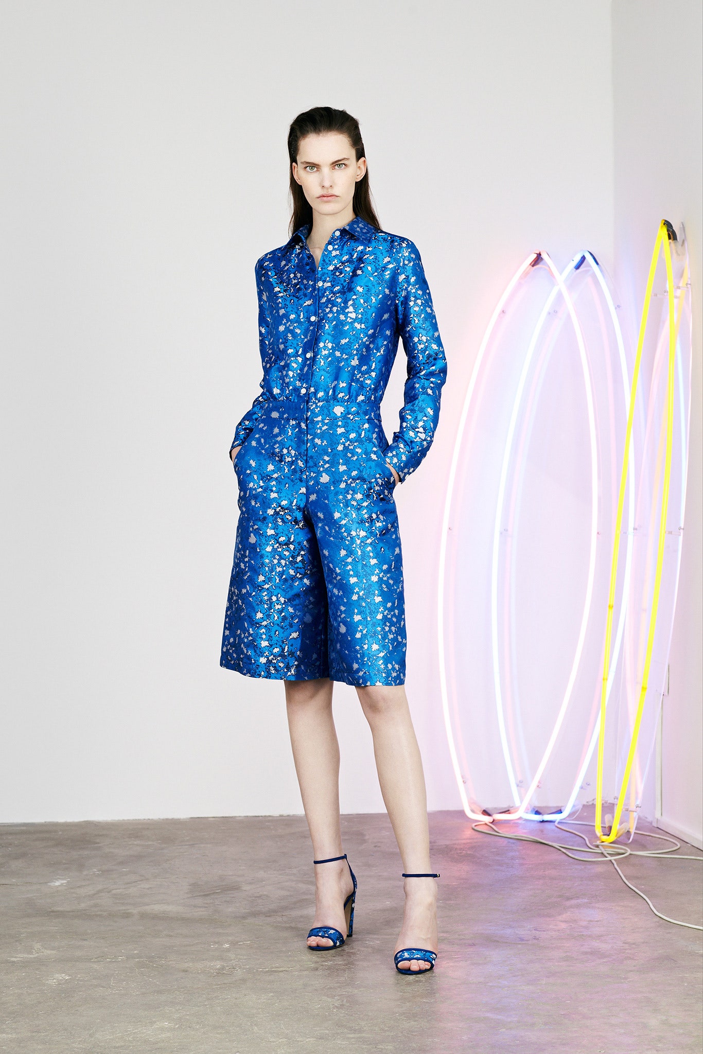 blue silk long-sleeve collared fitted printed shiny jumpsuit