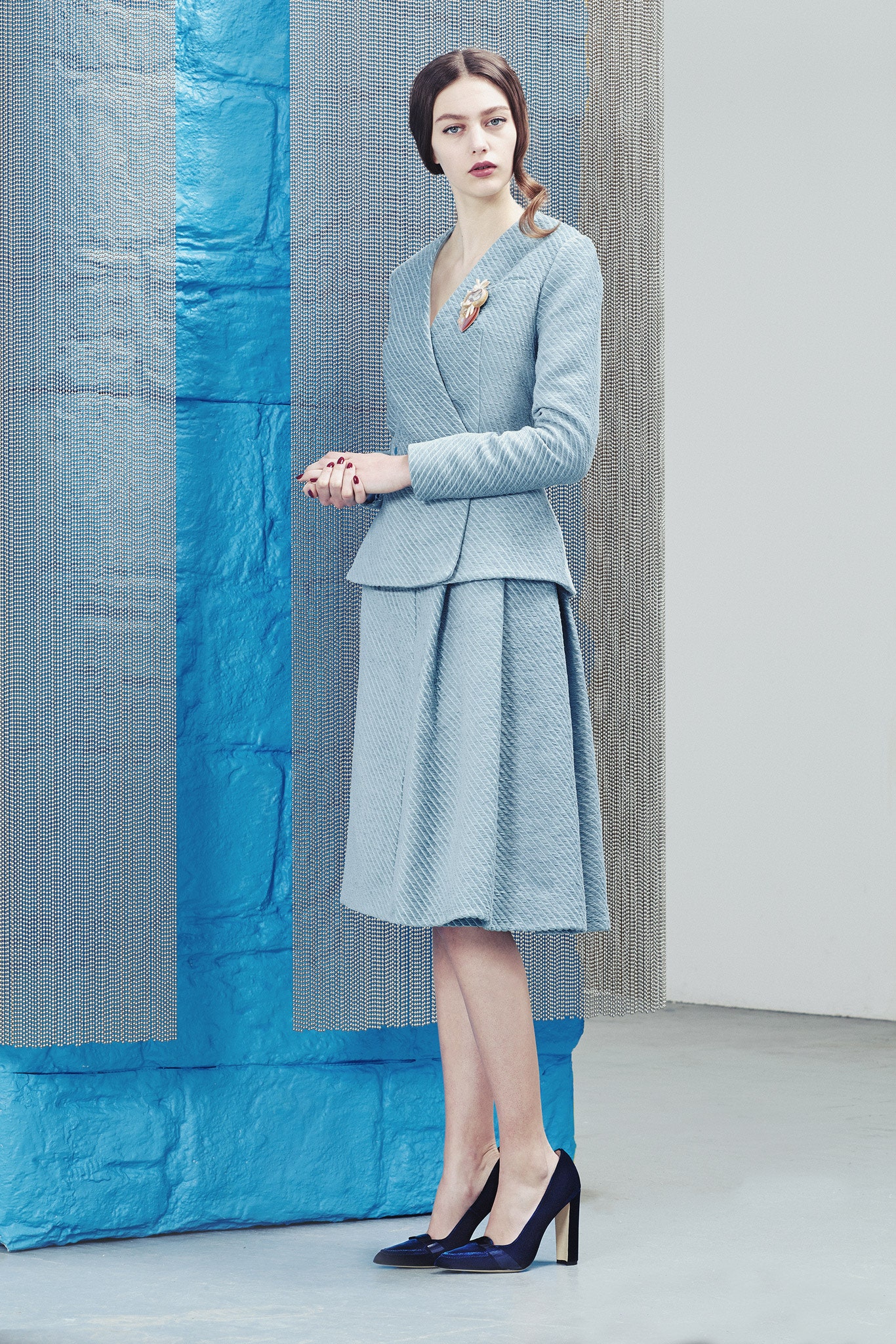 blue tailored blazer and skirt
