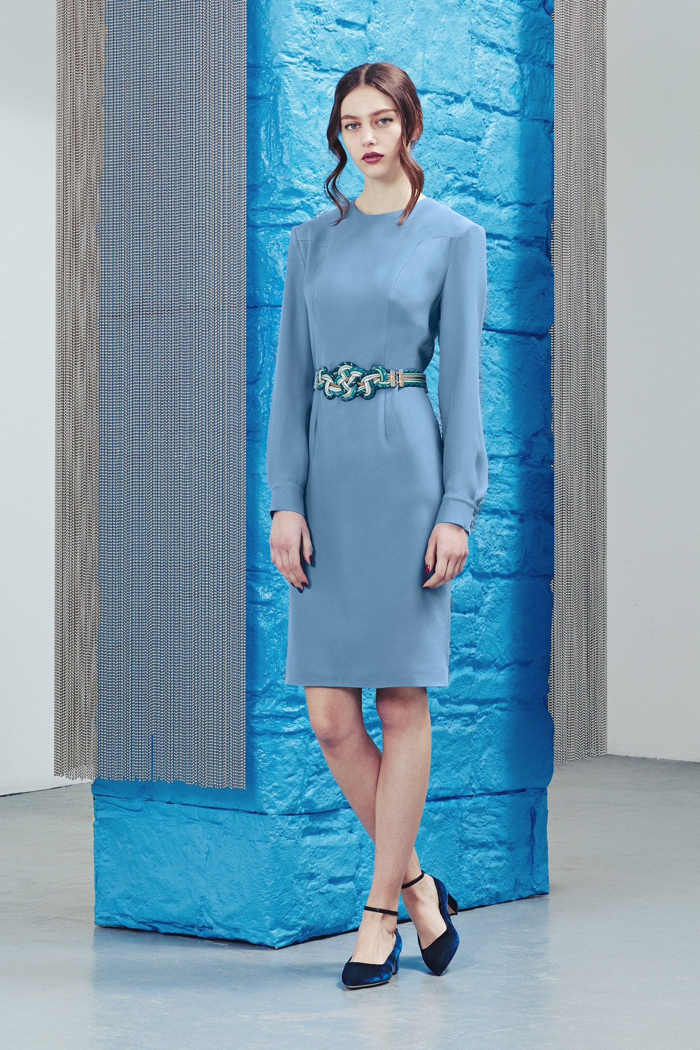 blue fitted midi dress with belt
