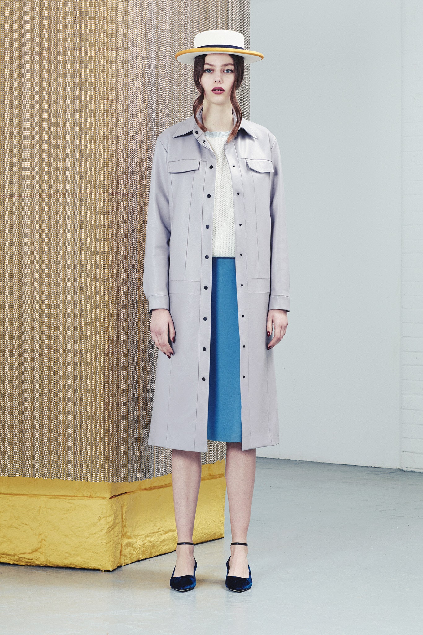 gray leather long-sleeve collared relaxed buttoned midi coat