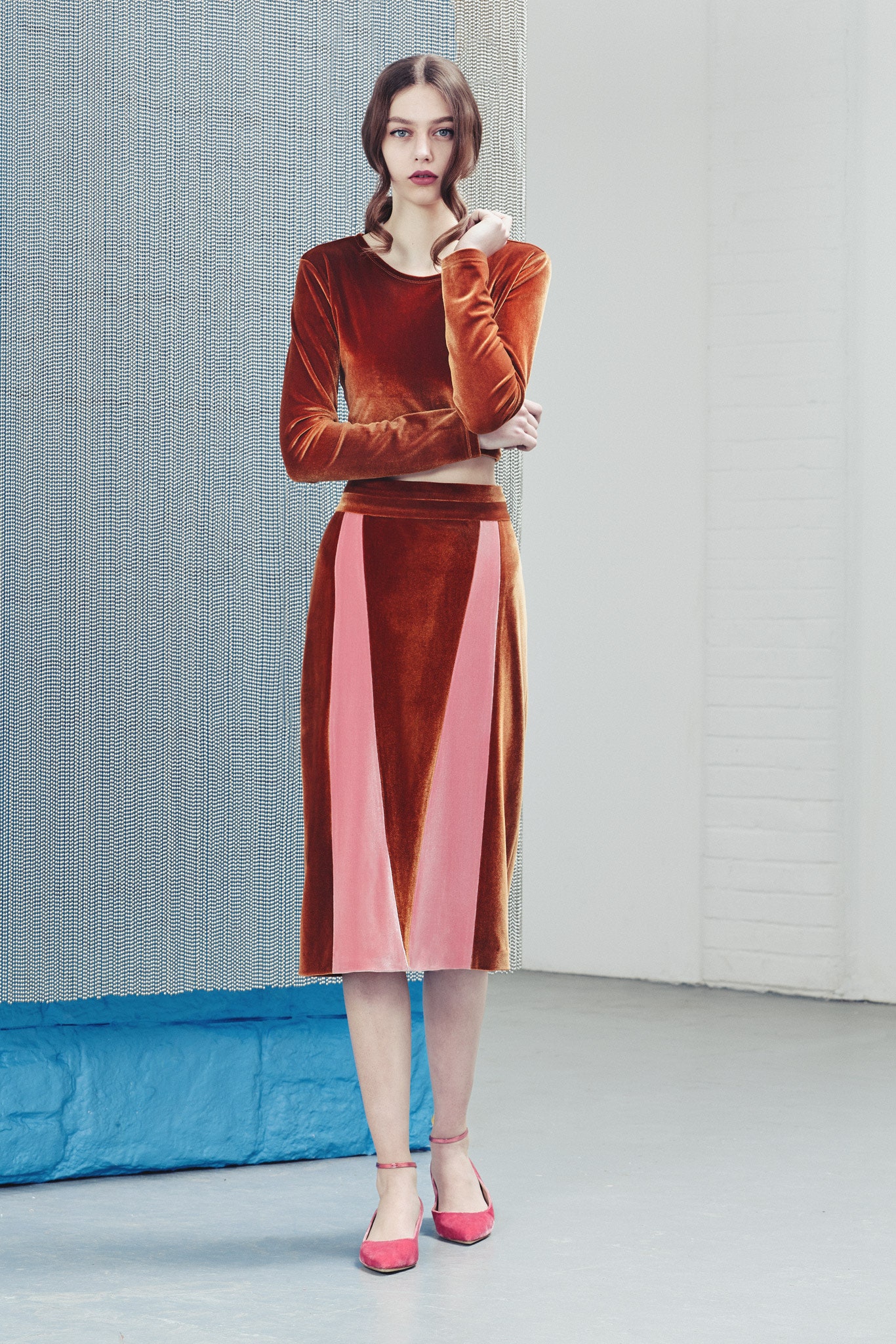 orange and pink velvet midi dress